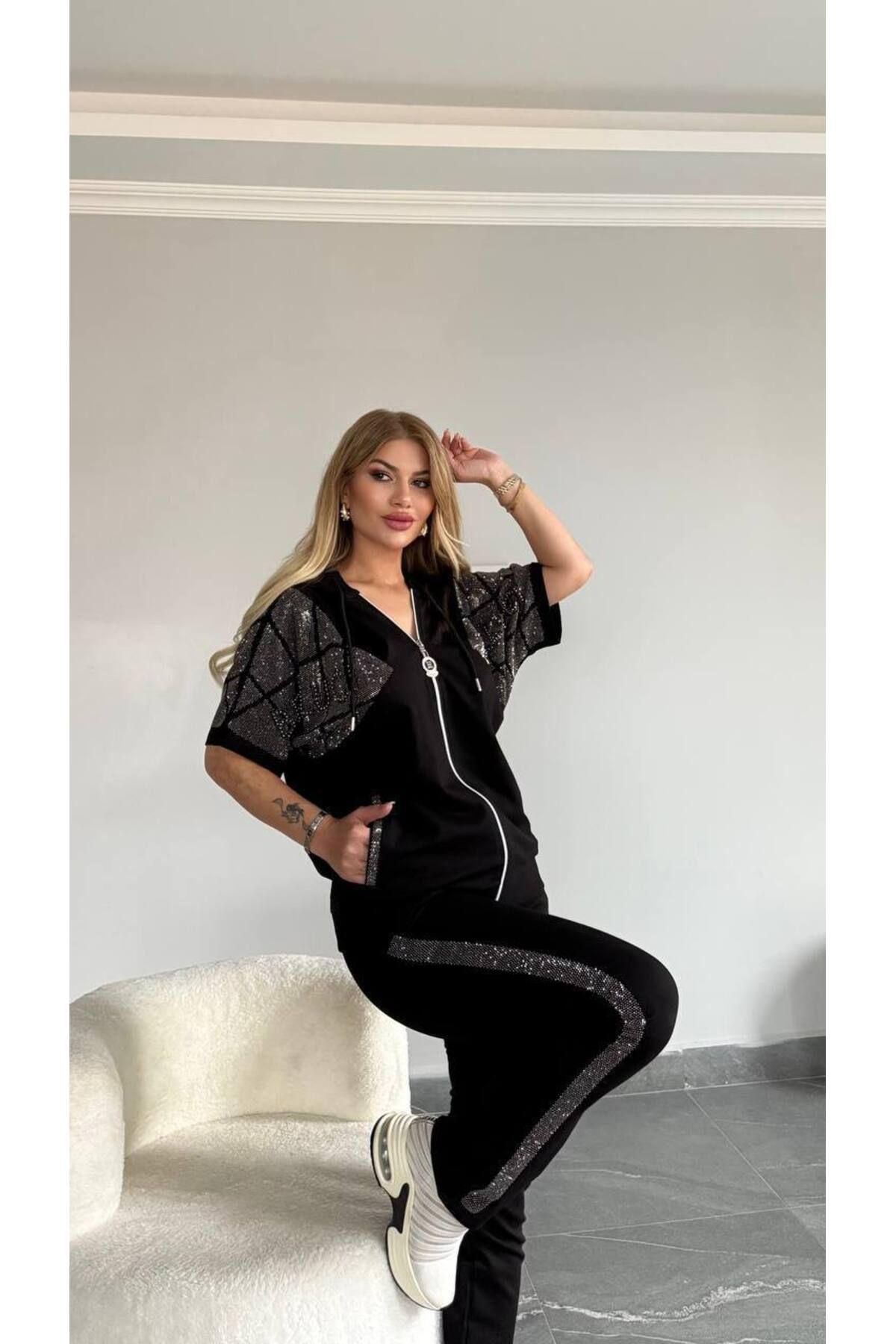 Bella Belluci Yeni Sezon Kapüşonlu Full Taş Trock Baskı Şık Alt Üst Takım
