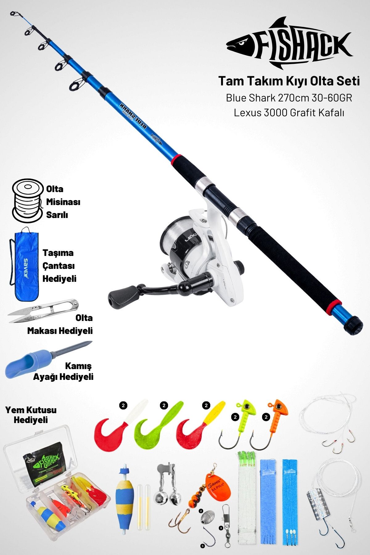 Fishack Tam Takım Kıyı Olta Seti - 270cm Kamış 30-60GR / 3000'lik Lexus Olta Makinesi - Taşıma Çantalı