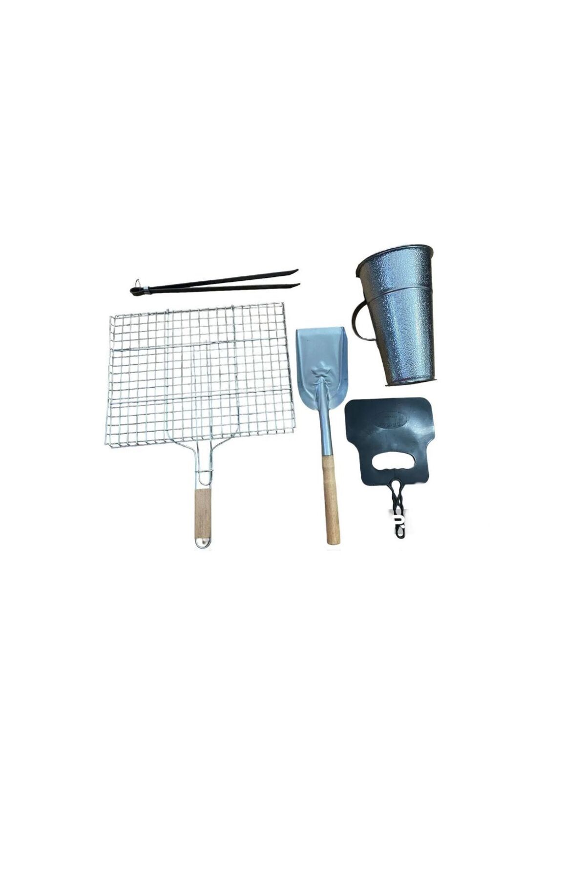YILMAZNARGİLE Mangal Aksesuar Seti 5 Parça- Izgara (32*42cm) - Köz Maşa - Kürek - Yelpaze - Ateş Borusu