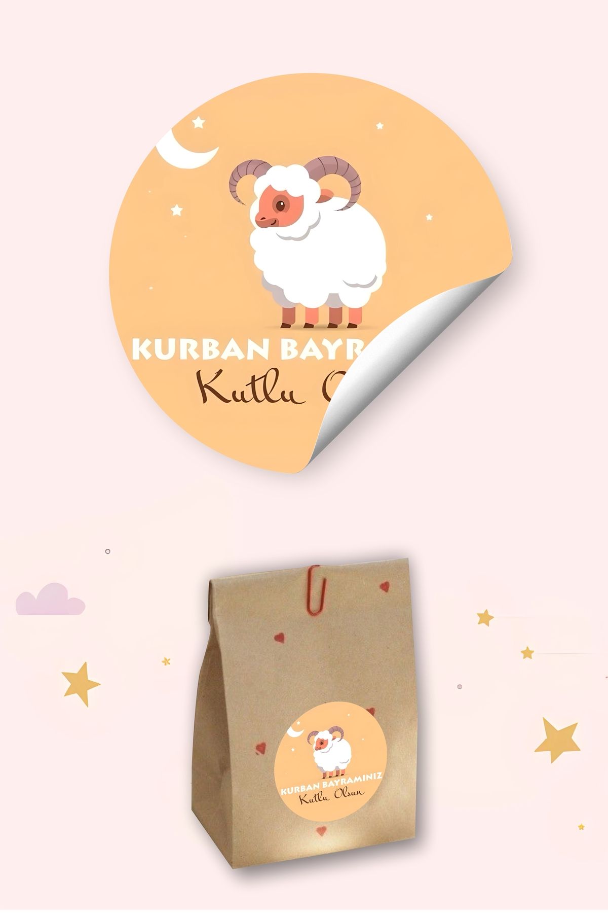 Grafikup 50 Adet Kurban Bayramı Temalı Kendinden Yapışkanlı Sticker - 4x4 Cm Bayram Paketleme Etiketi
