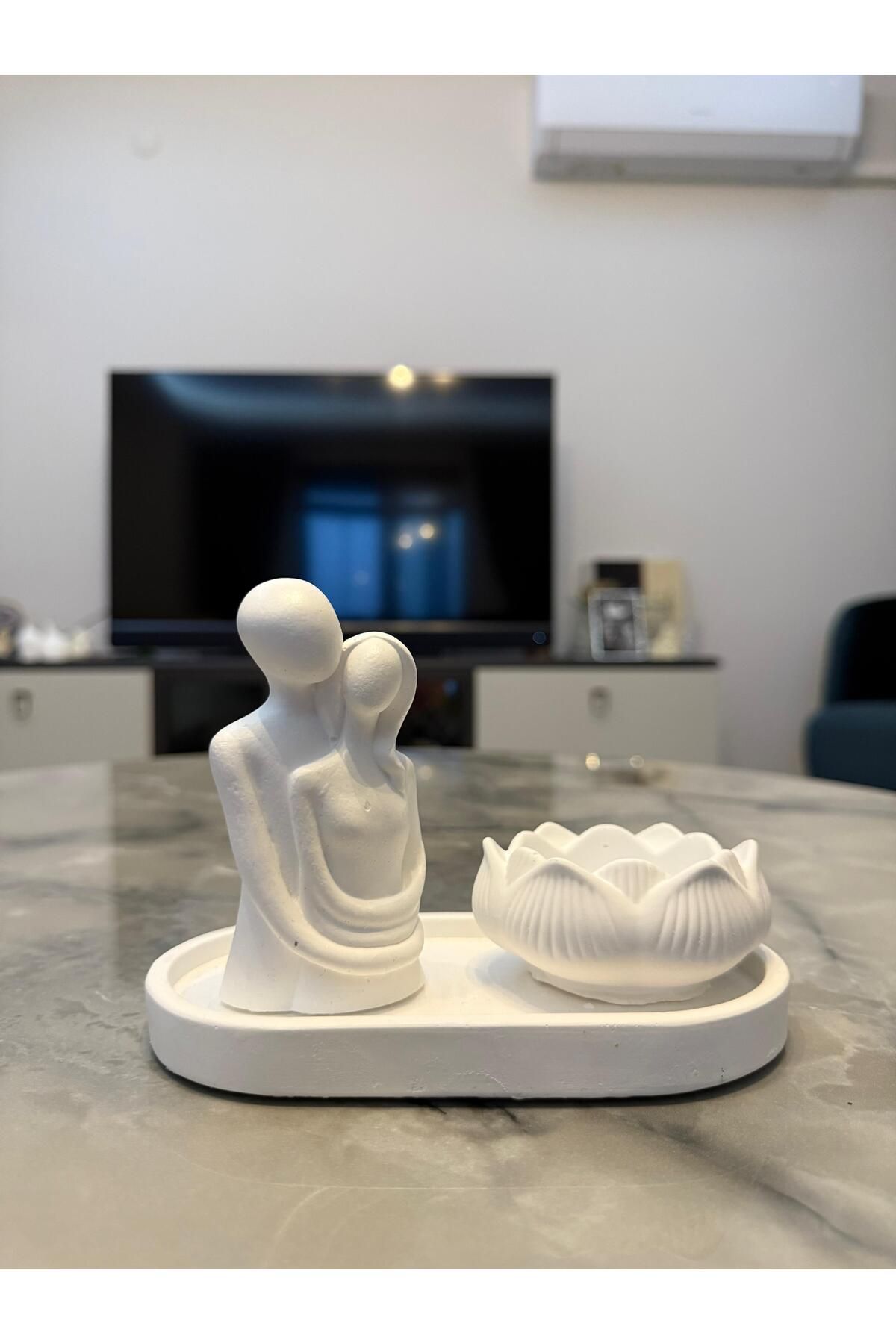Aysili Dekorasyon Taş Tozu Biblo Lotus Mumluk Dekoratif Set