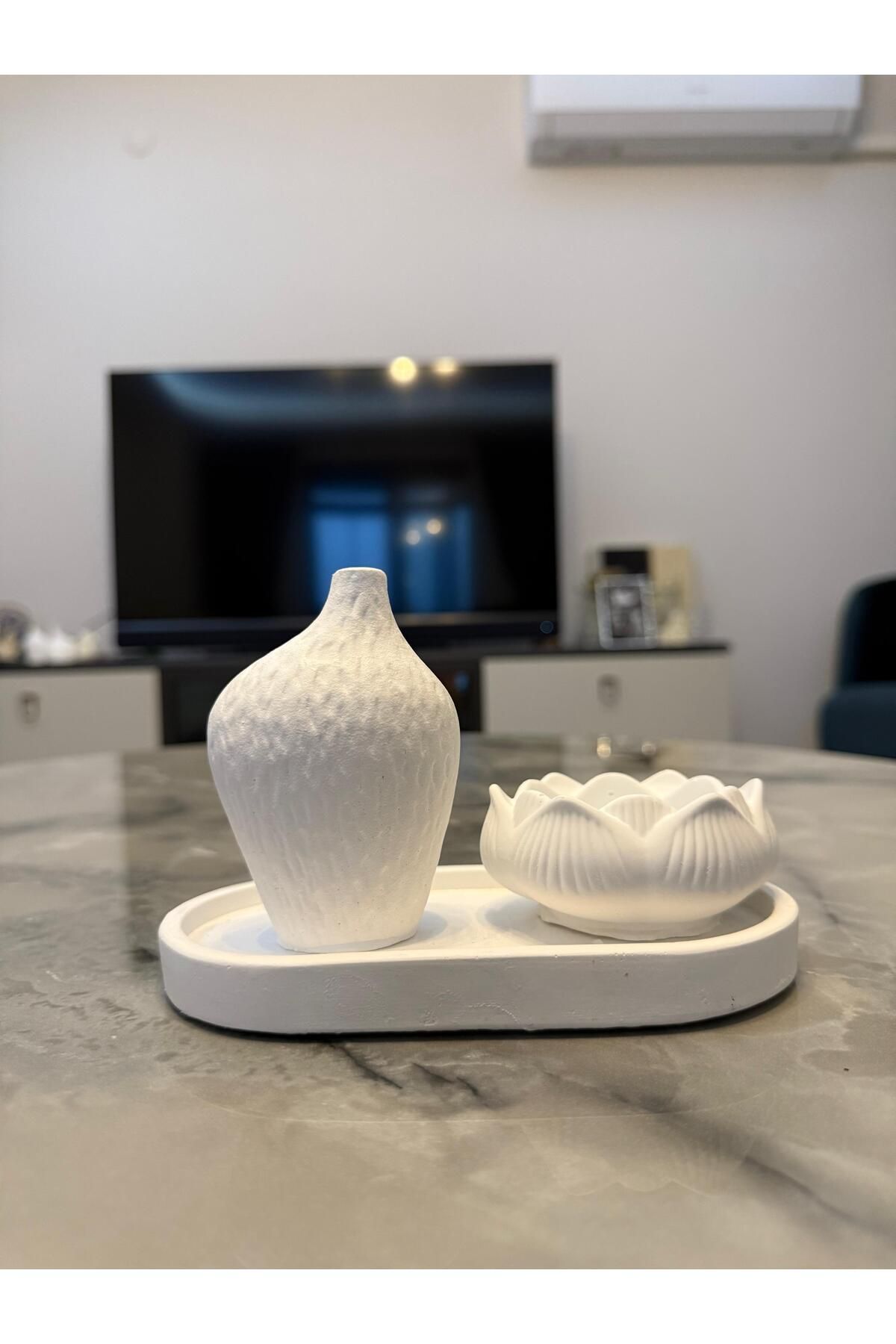 Aysili Dekorasyon Taş Tozu Vazo Lotus Mumluk Dekoratif Set