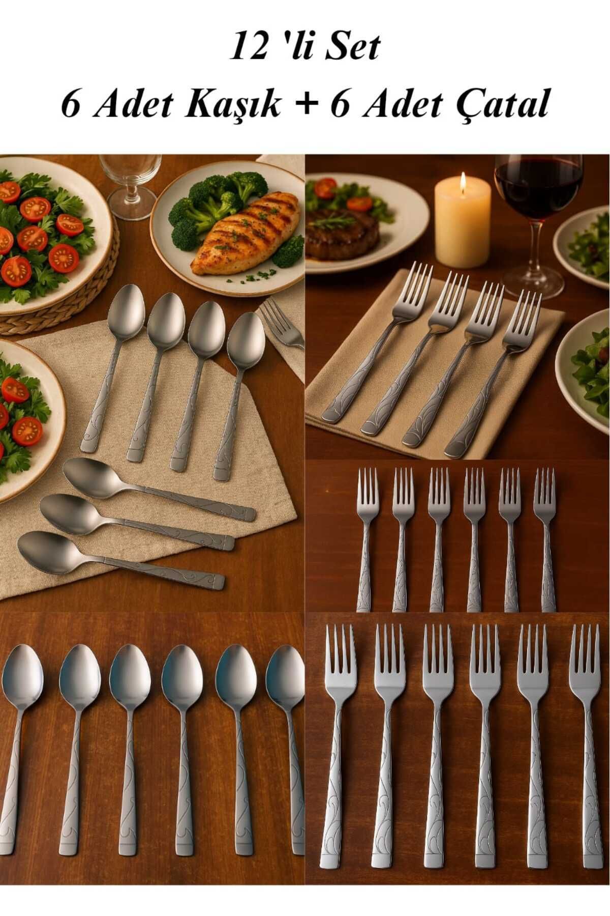 Vi Caro 12 li Set 6 Adet Büyük Boy Çatal + 6 Adet Yemek Kaşığı 1. Kalite Paslanmaz Çelik Zarif Yemek Takımı