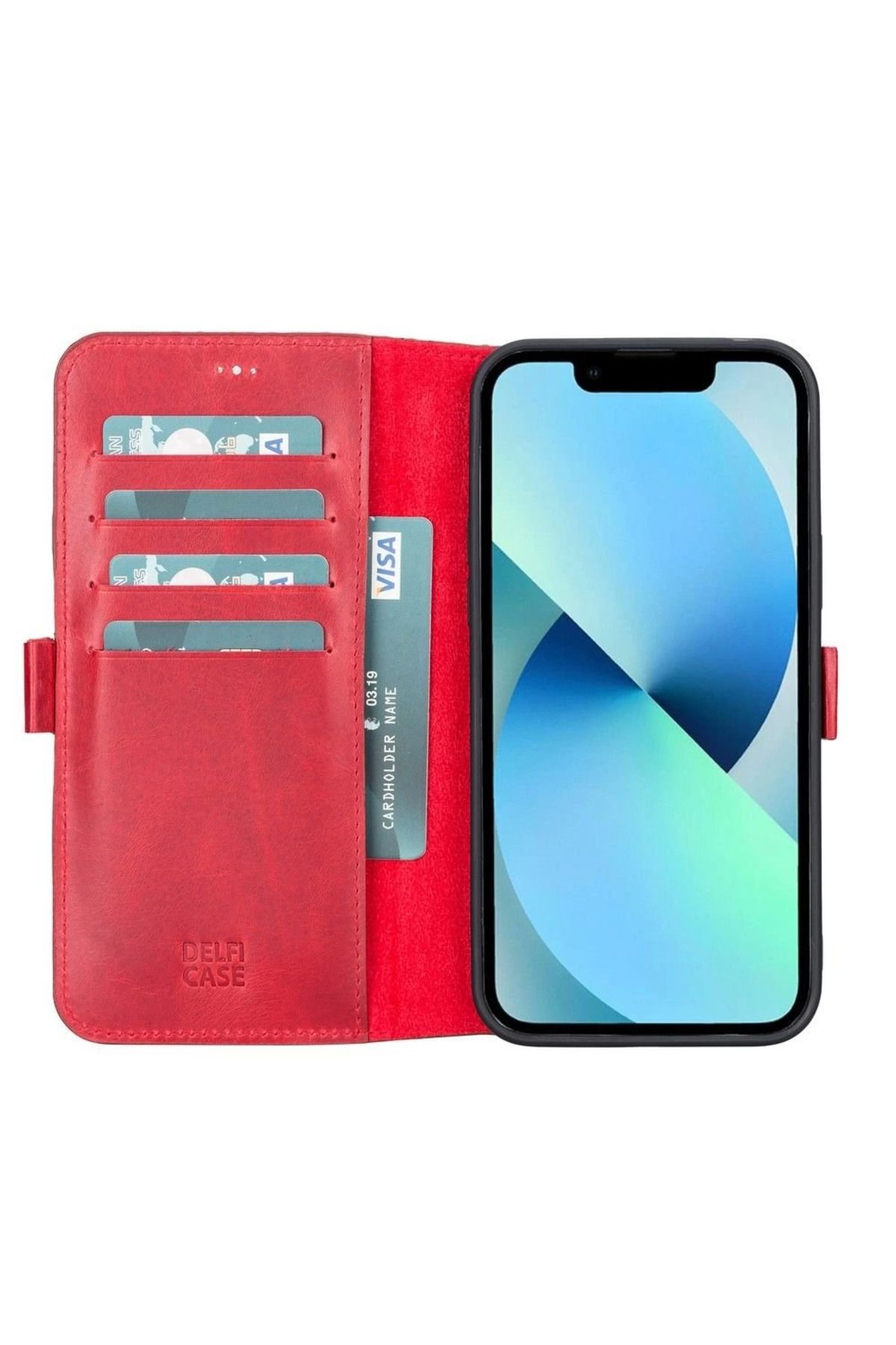 Angoravi Apple iPhone 13 Pro Max Uyumlu Deri Cüzdanlı Kılıf Nar Çiçeği