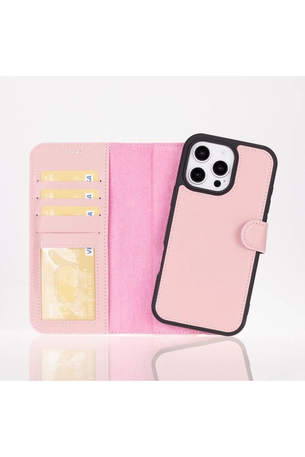 Angoravi Apple iPhone 16 Pro uyumlu, Hakiki Deri, El Yapımı, Cüzdanlı Kılıf, Toz Pembe