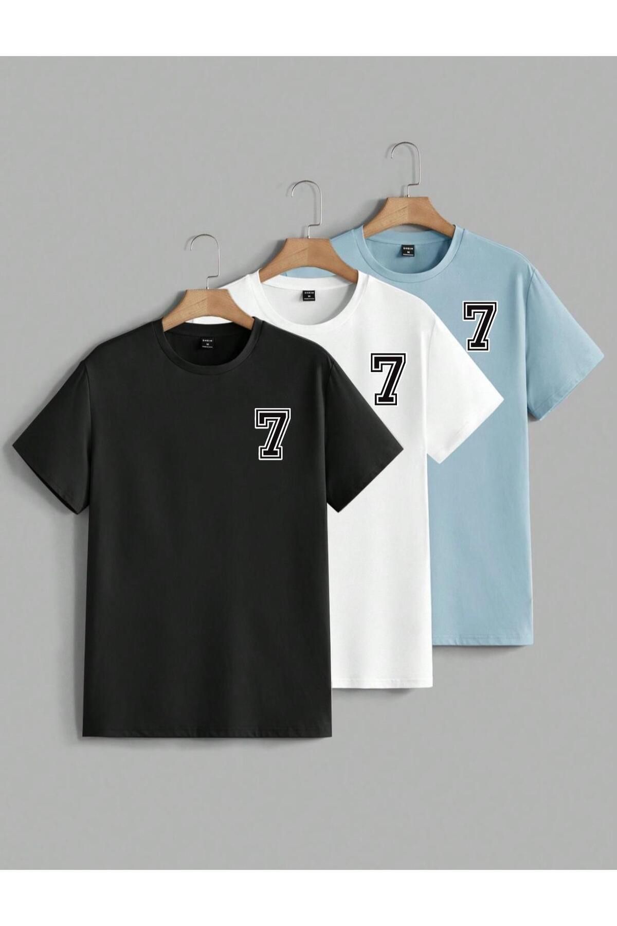 modaberry 3'lü 7 Numara T-Shirt - Siyah Beyaz Bebe Mavi Baskılı Oversize Kısa Kol Bisiklet Yaka