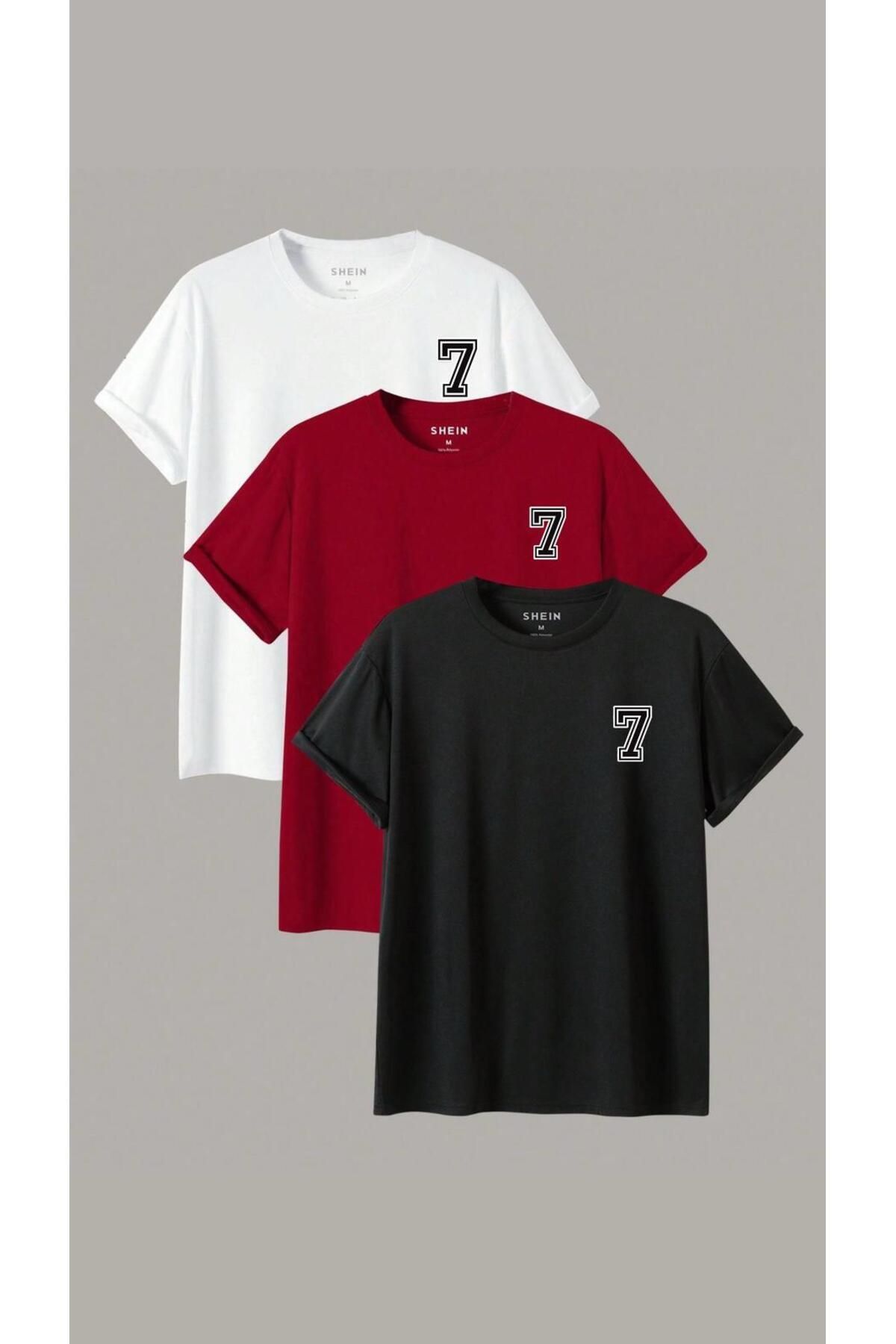 modaberry 3'lü 7 Numara T-Shirt - Siyah Kırmızı Beyaz Baskılı Oversize Kısa Kol Bisiklet Yaka