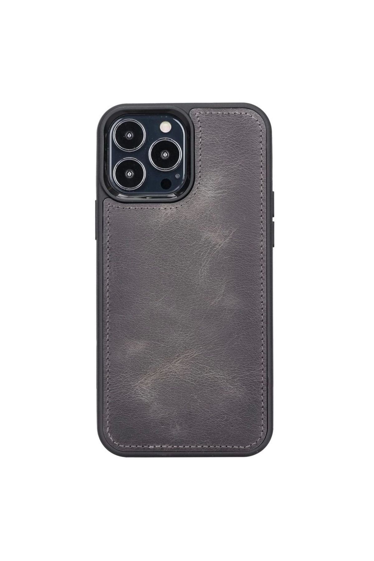Angoravi Apple iPhone 13 Pro Max Uyumlu Deri Arka Kapak Antik Gri
