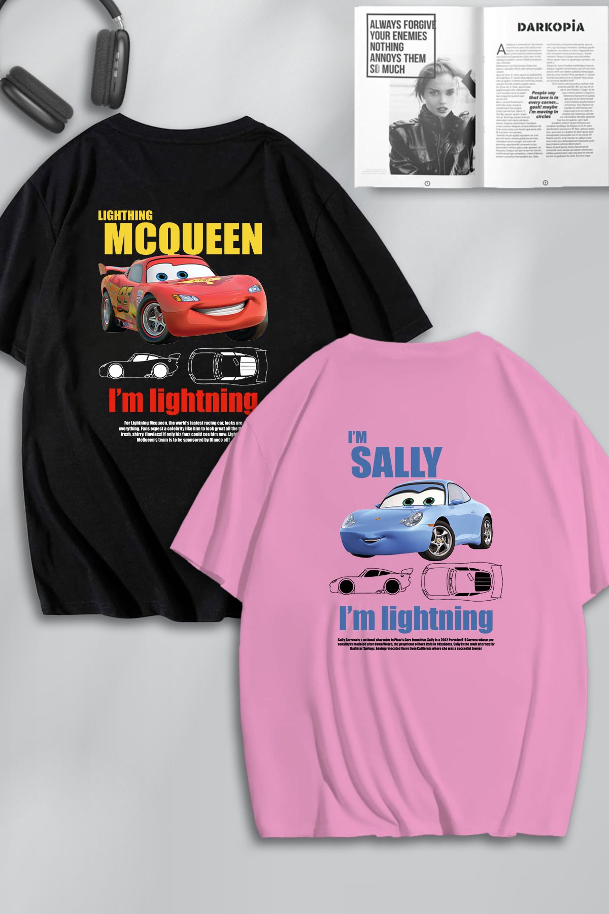 modaberry 2'Li McQueen Sally Sevgili T-Shirt - Siyah Pembe Baskılı Oversize Bisiklet Yaka Kısa Kol