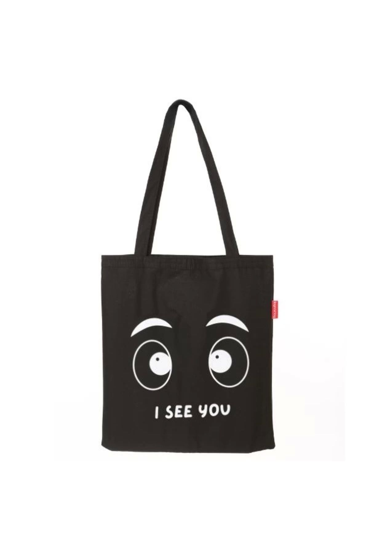 Angoravi Baghashtag Siyah Bez Çanta I See You Baskılı