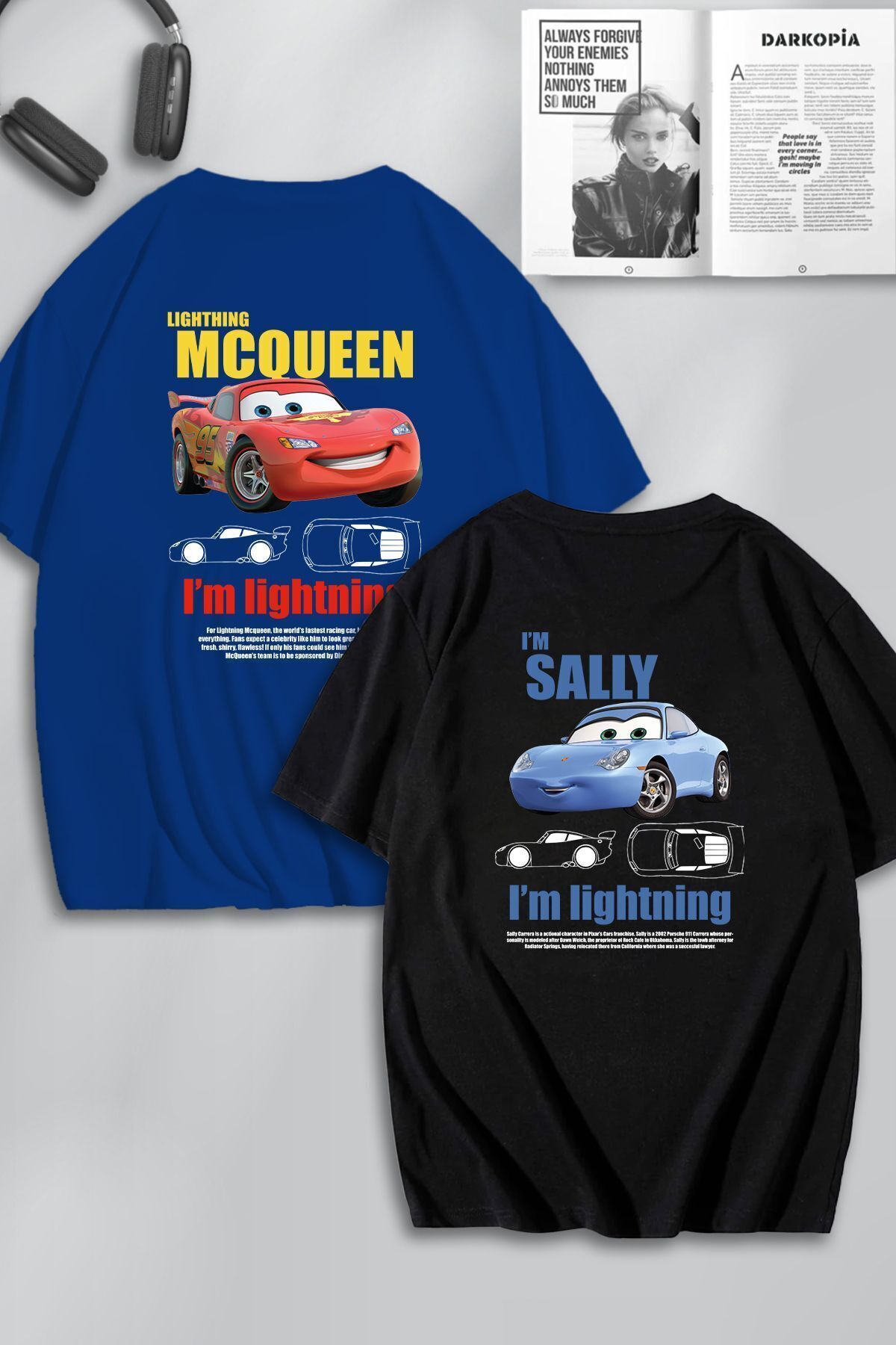 modaberry 2'Li McQueen Sally Sevgili T-Shirt - Sax Mavi Siyah Baskılı Oversize Bisiklet Yaka Kısa Kol