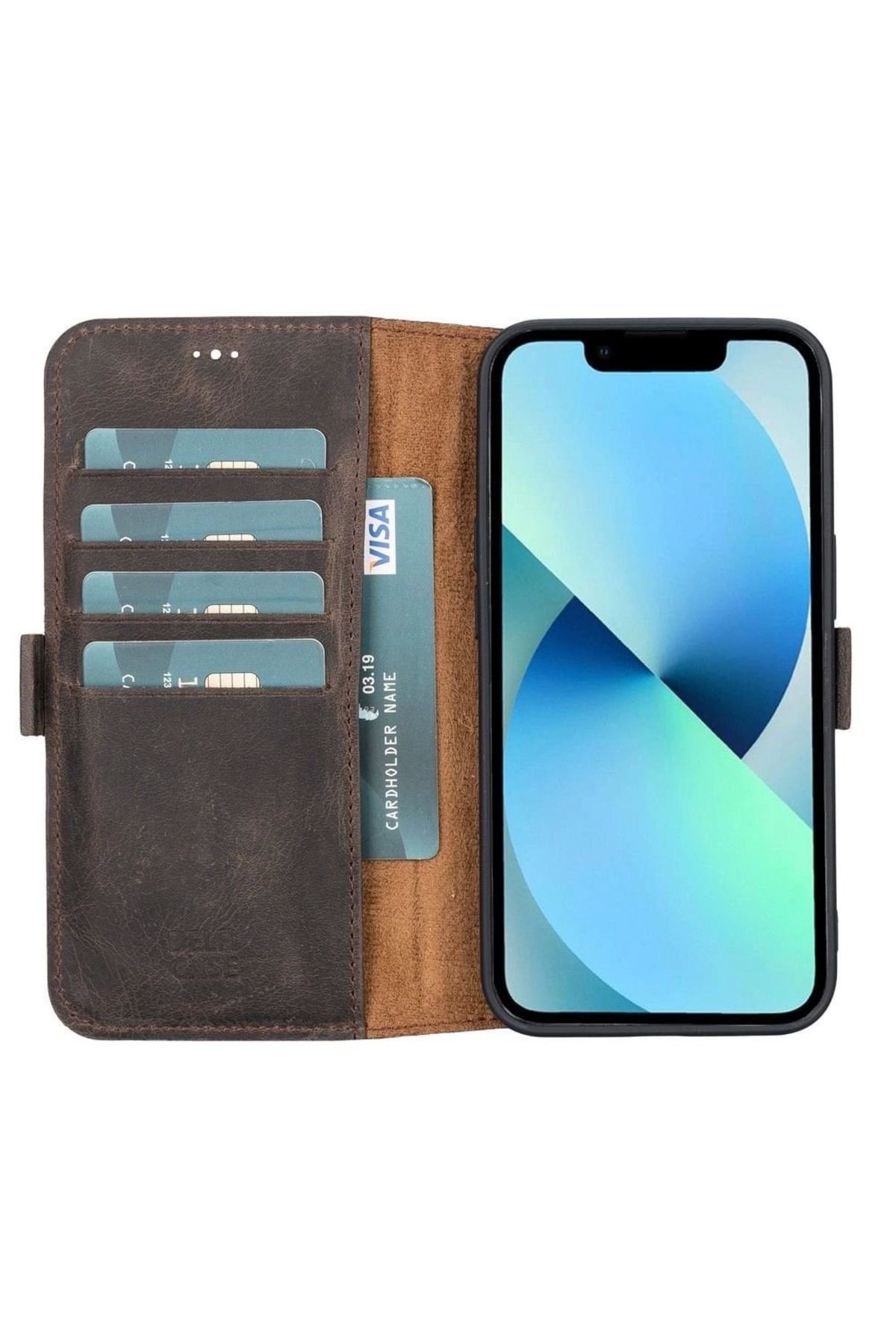 Angoravi Apple iPhone 13 Uyumlu Deri Cüzdanlı Kılıf Acı Kahve