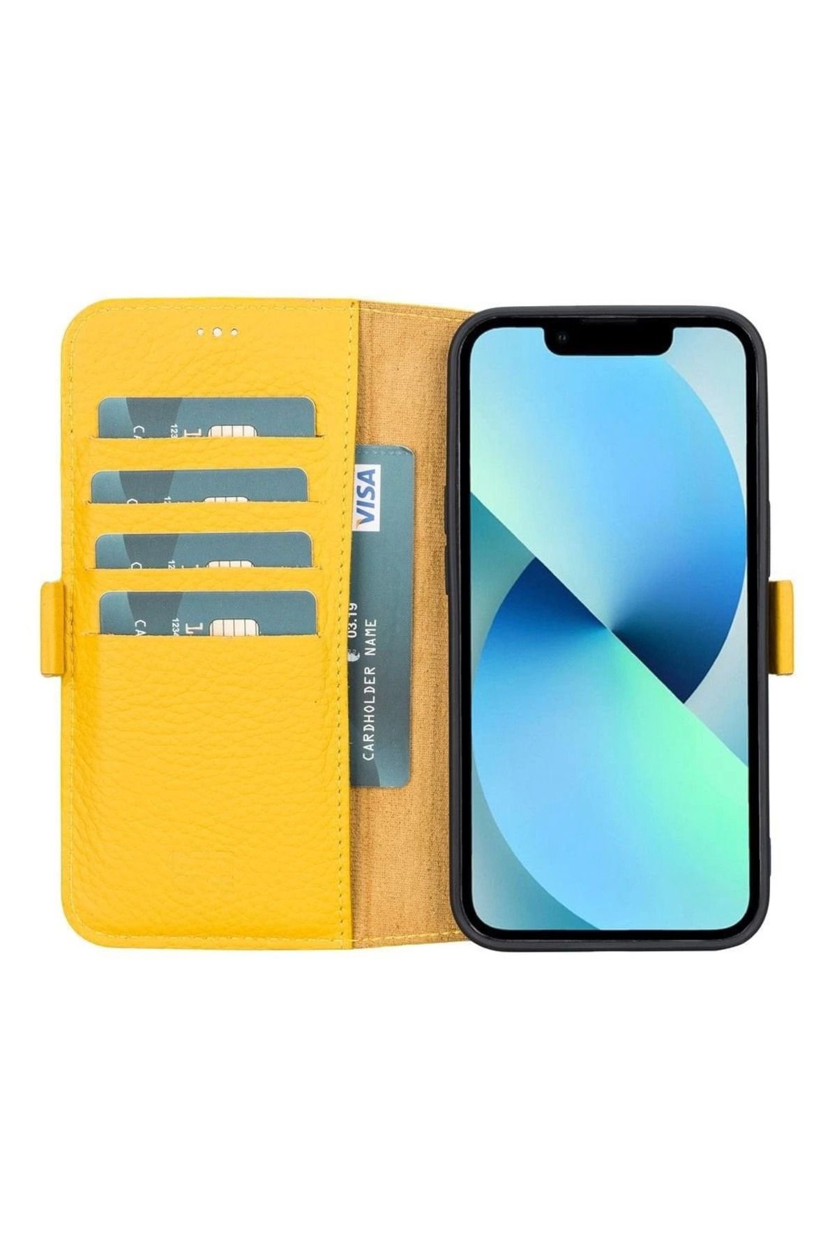 Angoravi Apple iPhone 13 Uyumlu Deri Cüzdanlı Kılıf Limon Sarı