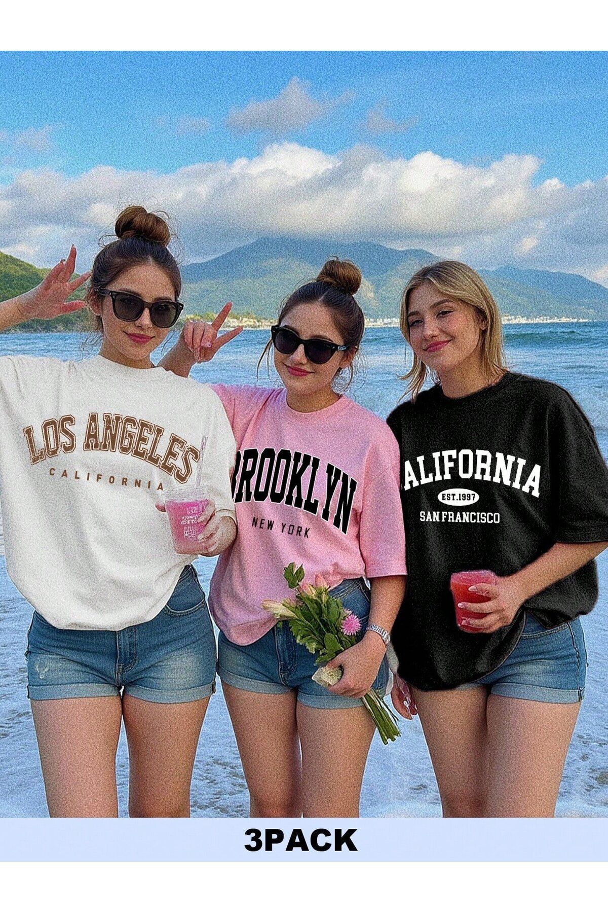 modaberry 3'lü Usa Şehirler T-Shirt - Beyaz Pembe Siyah Baskılı Oversize Kısa Kol Bisiklet Yaka