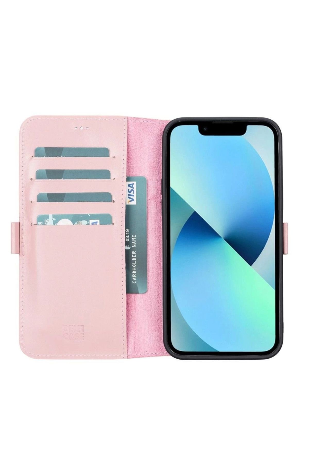 Angoravi Apple iPhone 13 Pro Uyumlu Deri Cüzdanlı Kılıf Toz Pembe