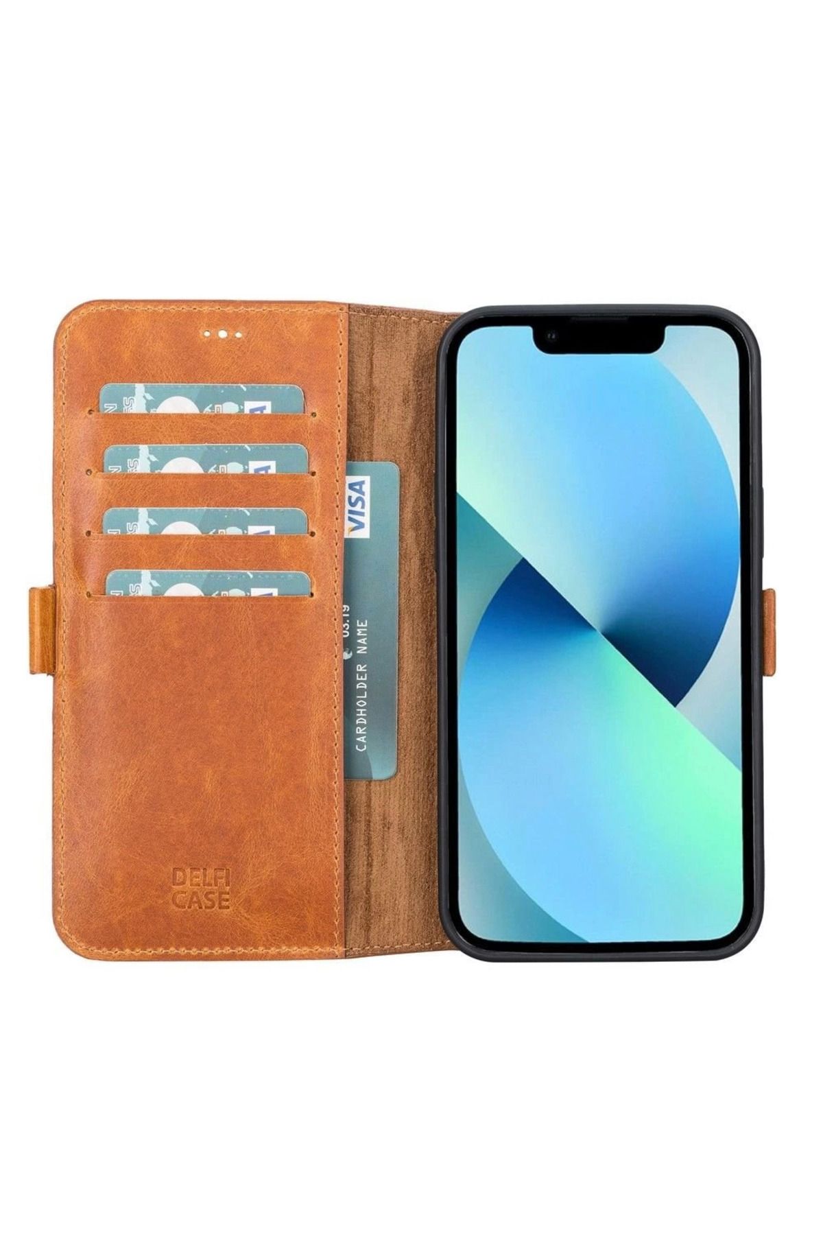 Angoravi Apple iPhone 13 Pro Max Uyumlu Deri Cüzdanlı Kılıf Karamel