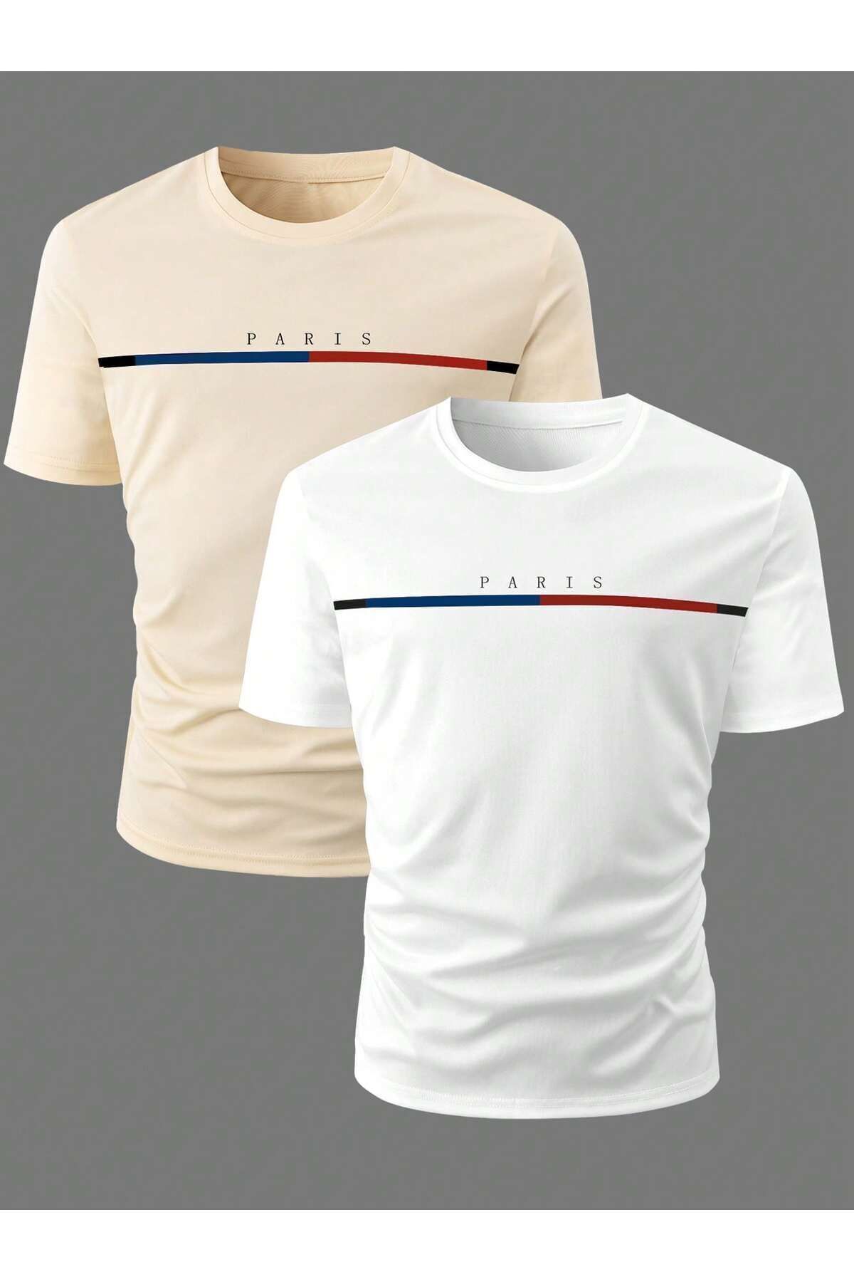 modaberry 2'li Paris Renkli Çizgi Tişört - Bej Beyaz Baskılı Oversize Kısa Kol T-Shirt Bisiklet Yaka