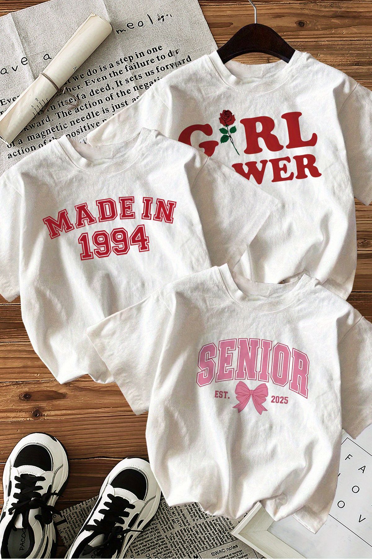 modaberry 3'lü Girl Power T-Shirt - Beyaz Baskılı Oversize Kısa Kol Bisiklet Yaka
