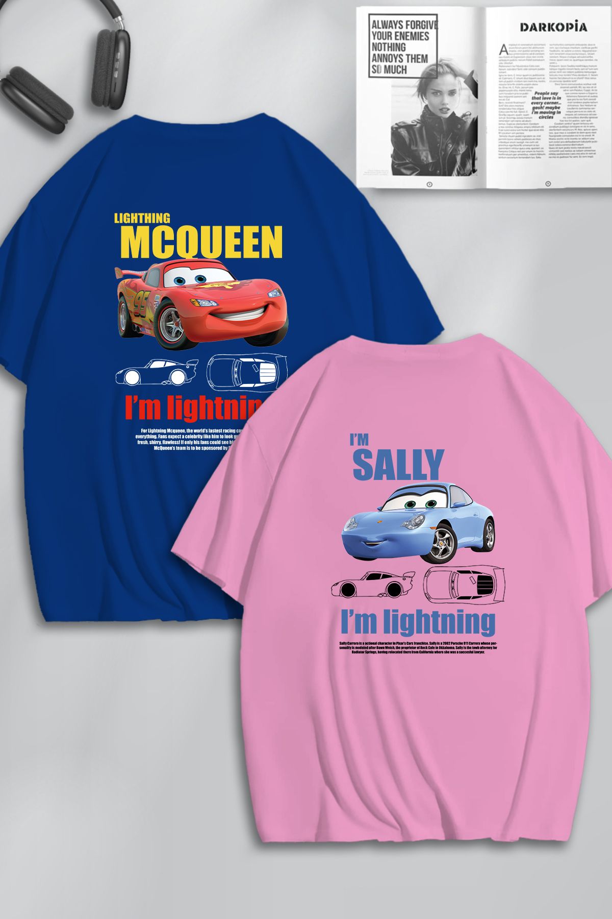 modaberry 2'Li McQueen Sally Sevgili T-Shirt - Sax Mavi Pembe Baskılı Oversize Bisiklet Yaka Kısa Kol