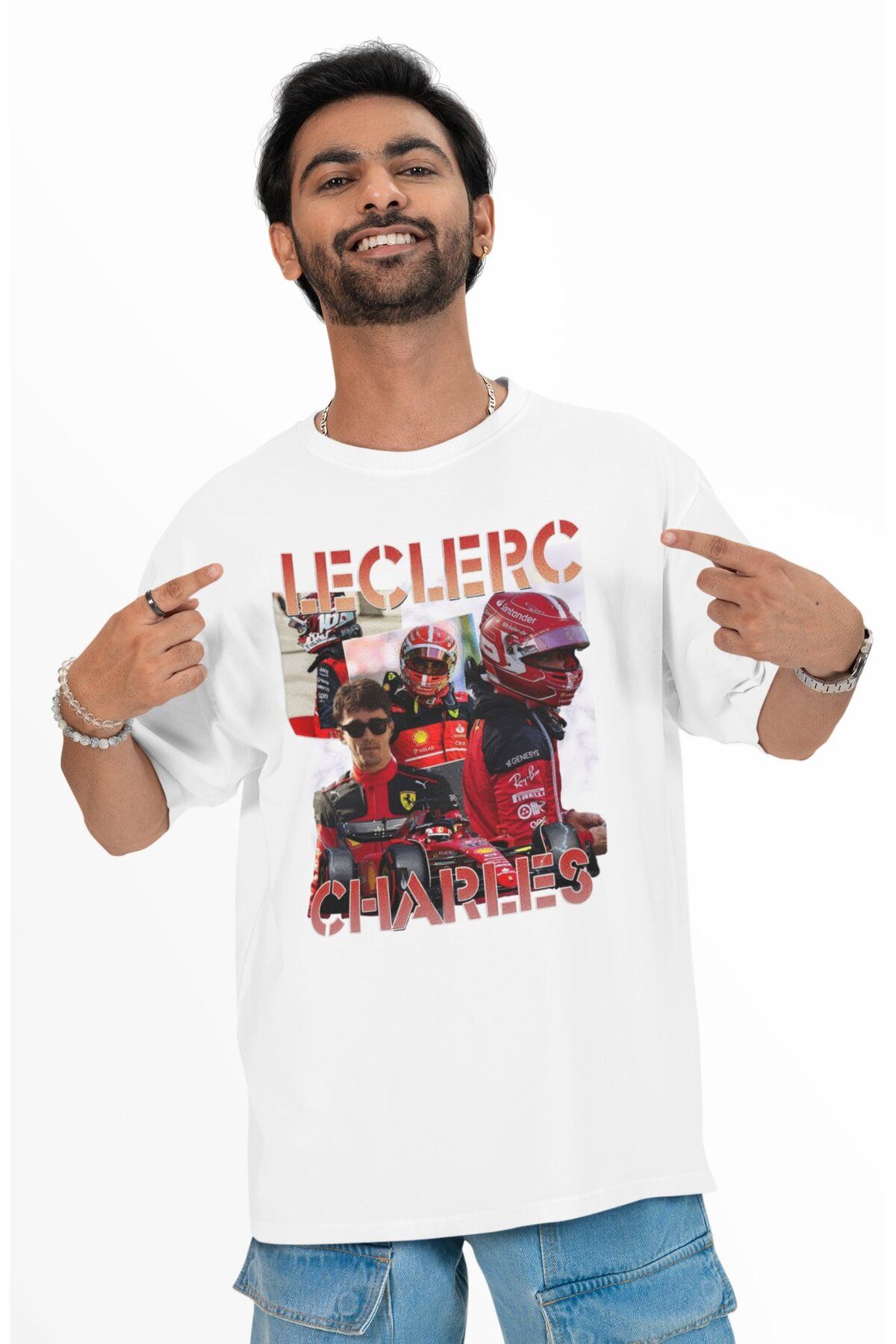 Fuddy Moda Oversize Formula 1 Pilotu Charles Leclerc Baskılı Tişört, Unisex F1 Temalı T-shirt