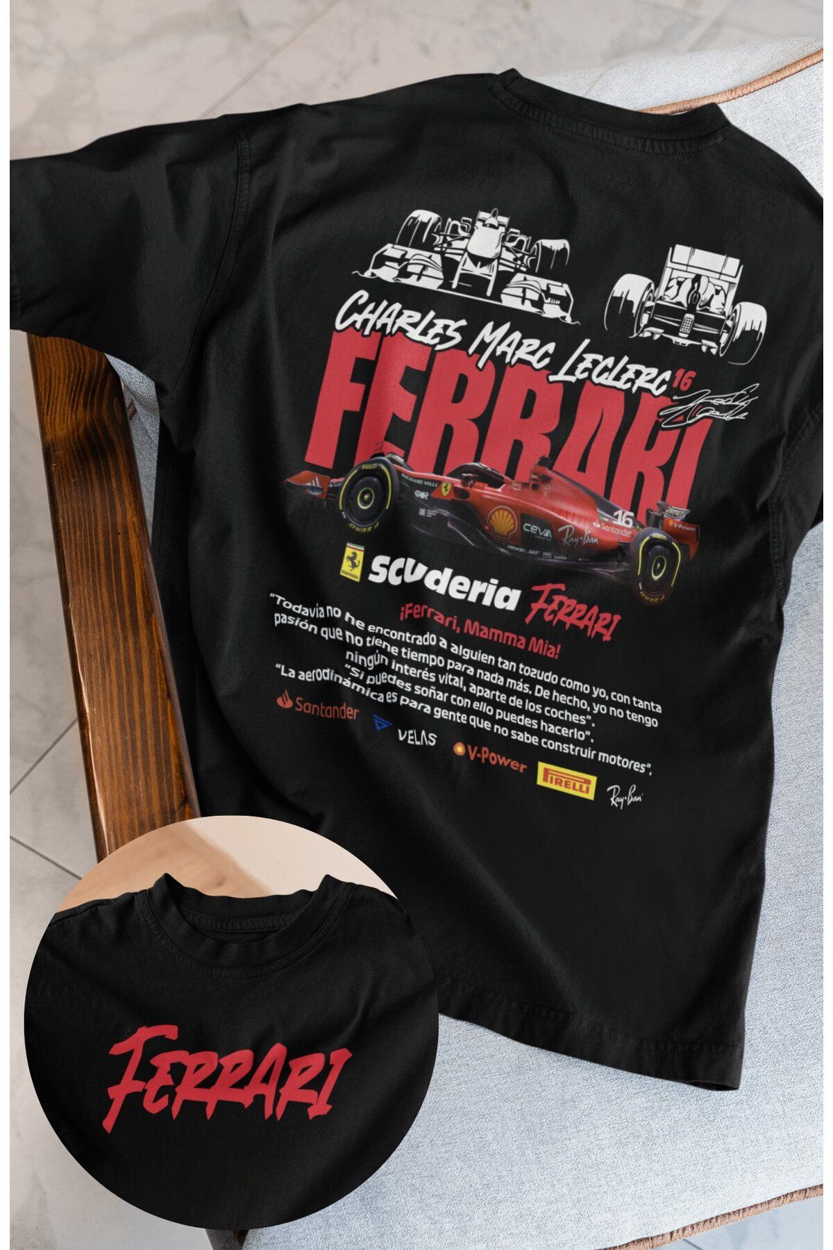 Fuddy Moda Oversize Formula 1 Leclerc 16 Sırt Baskılı Tişört, Unisex F1 Ferari Temalı T-shirt