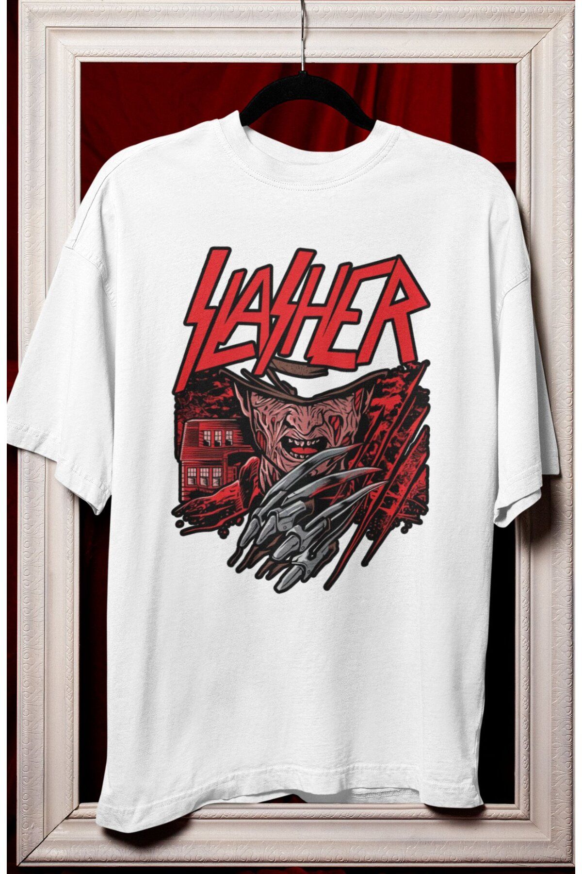 Fuddy Moda Unisex Slasher Yazılı Tişört, Oversize Korku Filmi Hallowen Temalı T-shirt
