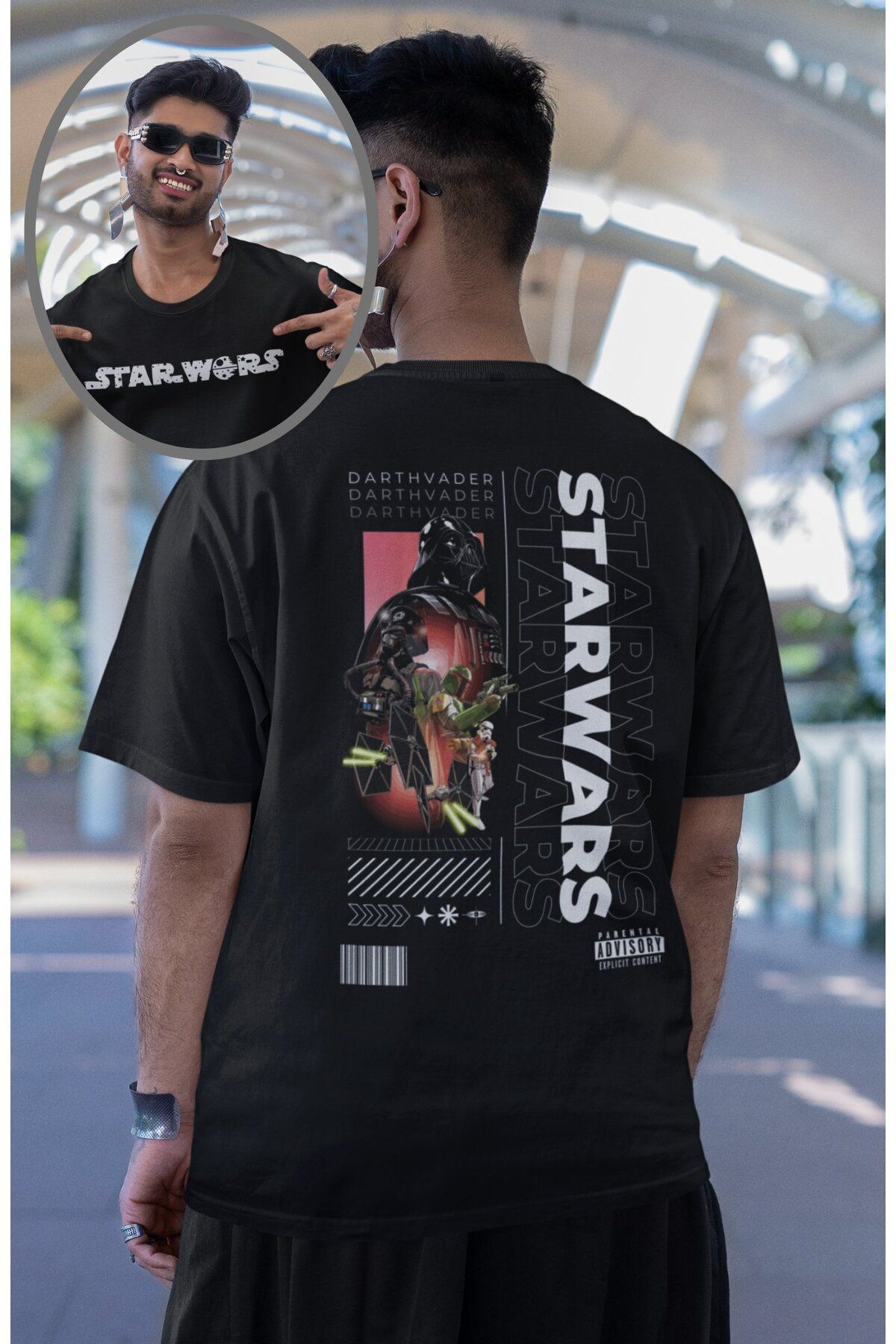 Fuddy Moda Unisex Darthvader Sırt Baskılı Tişört, Oversize Star Wars Yazılı T-shirt