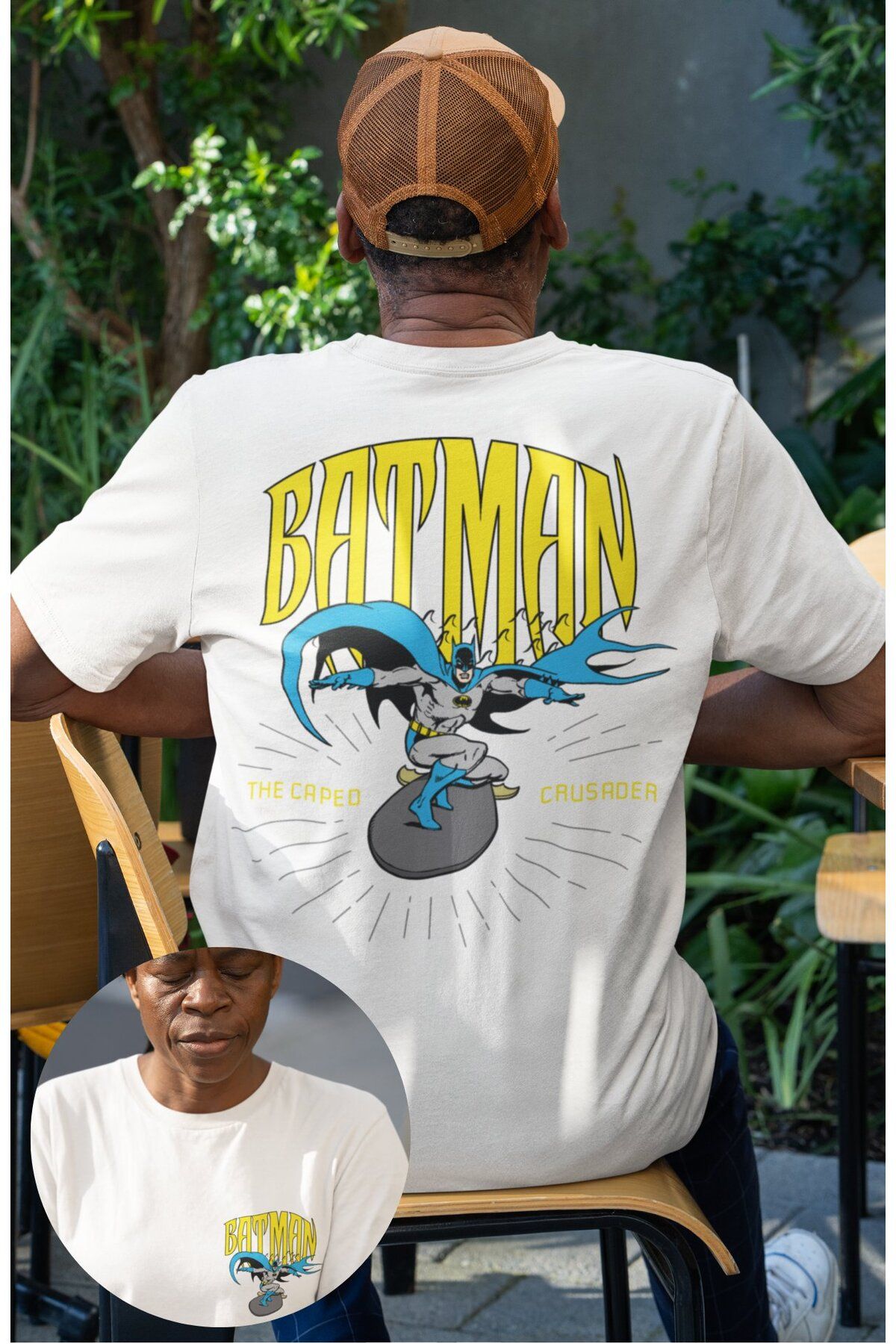 Fuddy Moda Unisex Batman The Caped Crusader Sırt Yazılı Tişört, Oversize Batman Baskılı T-shirt