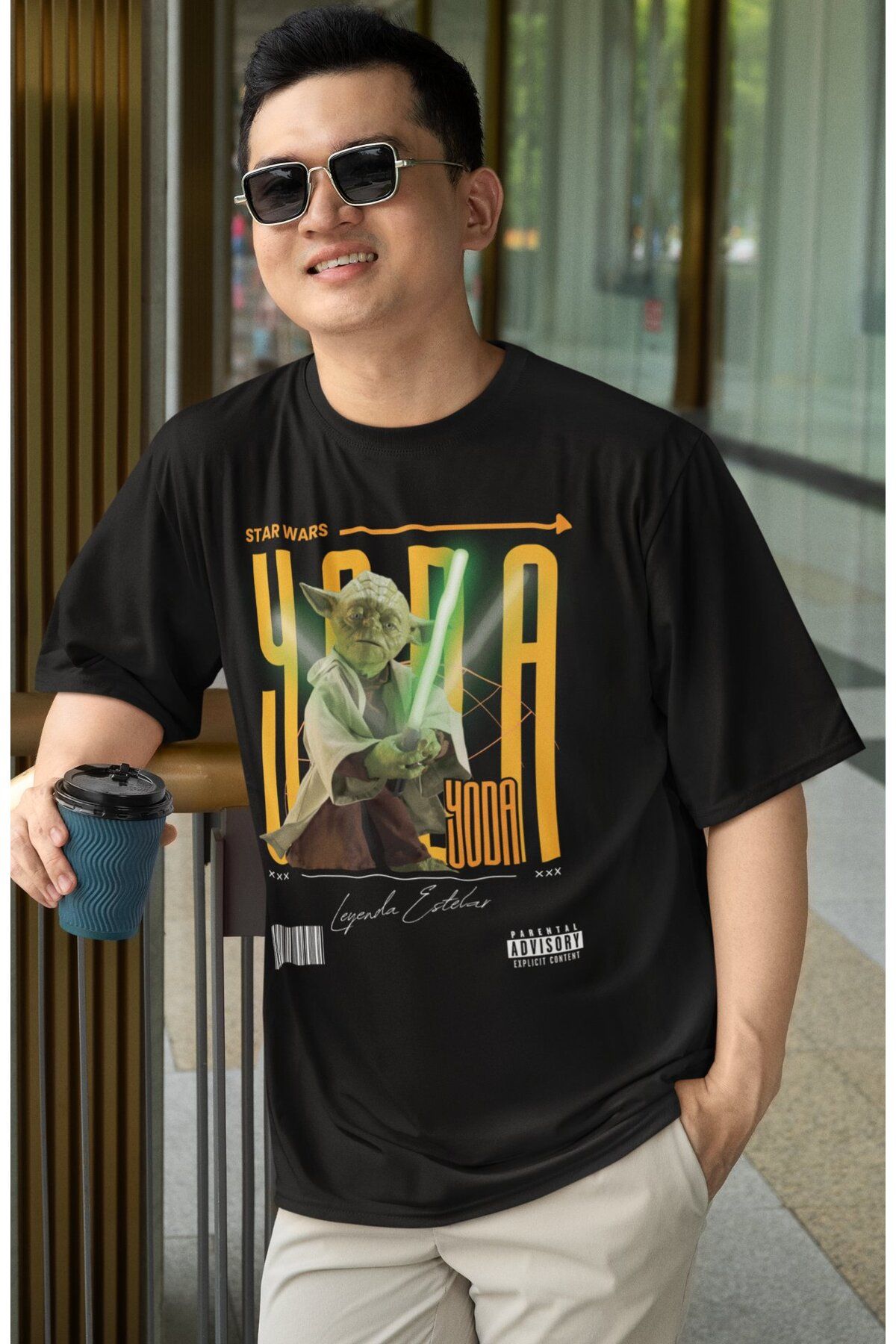 Fuddy Moda Unisex Yoda Baskılı Tişört, Oversize Star Wars Temalı T-shirt