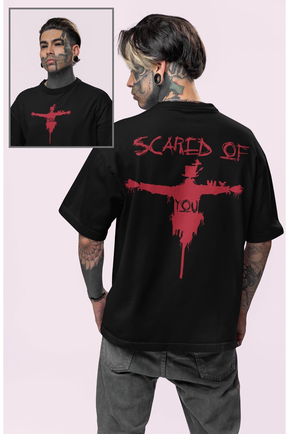 Fuddy Moda Unisex Scared Of You Sırt Yazılı Tişört, Oversize Korku Film Halloween Temalı T-shirt