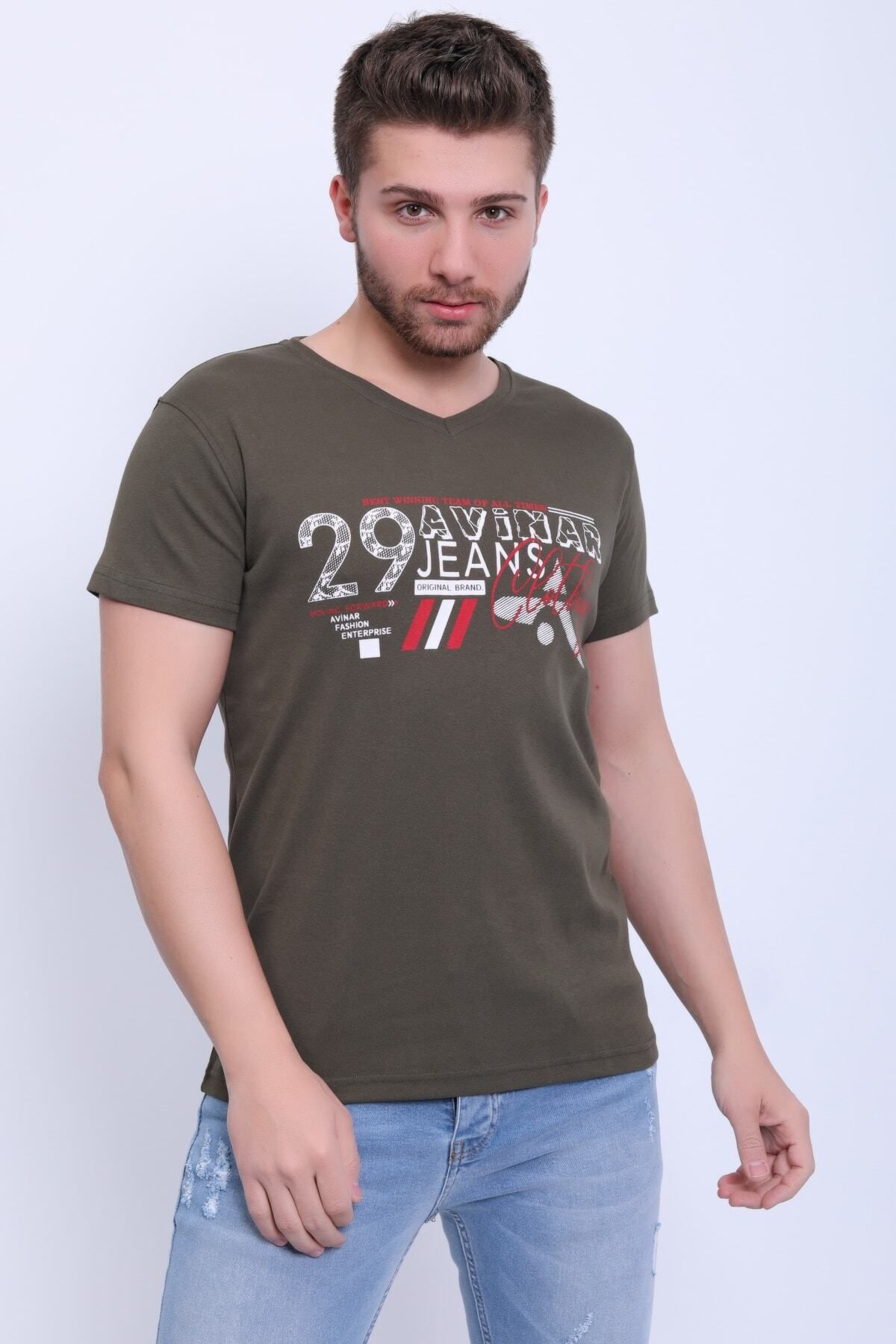 Avinar Unisex V Yaka Baskılı T-shirt