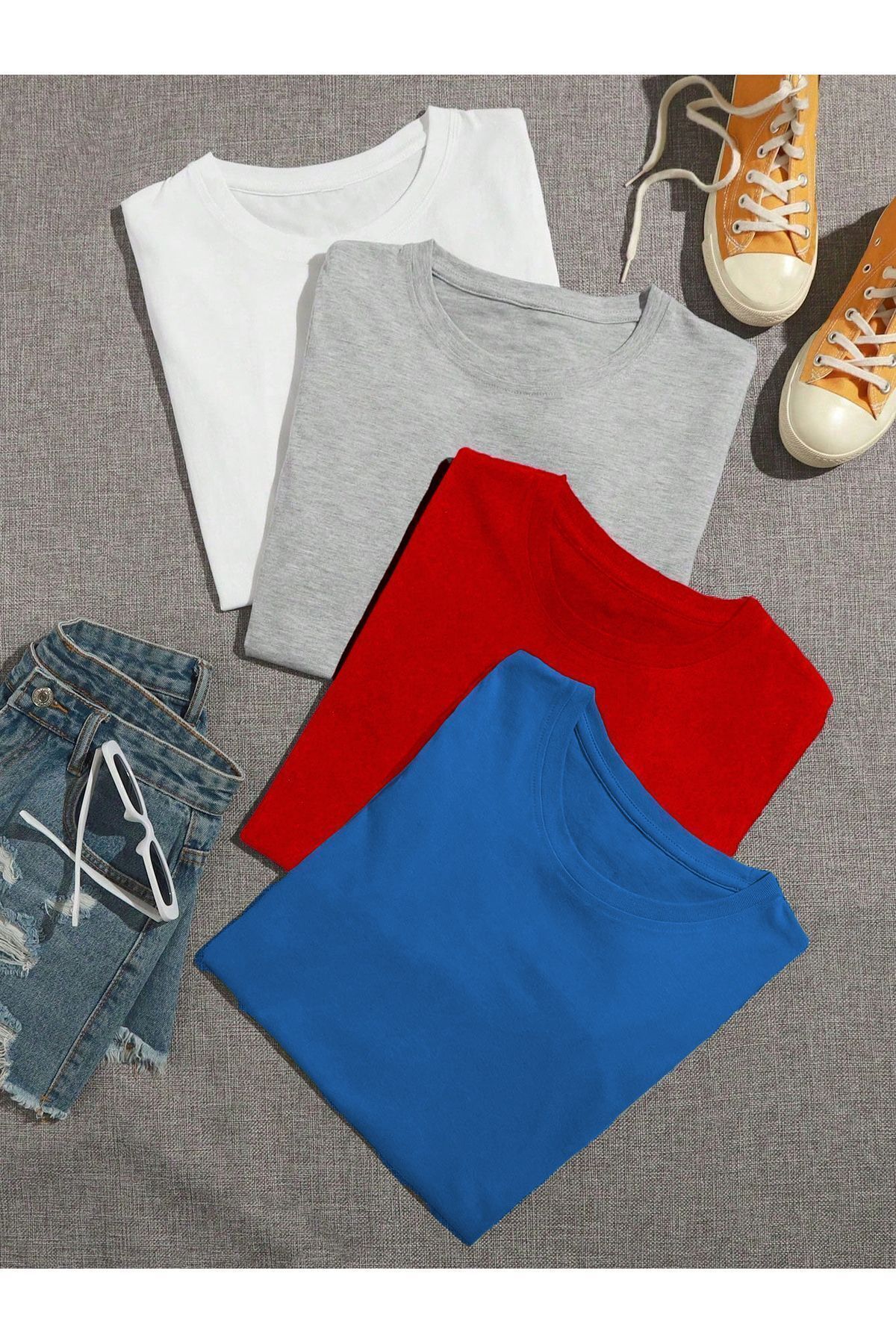 modaberry 4'lü Düz Basic Tişört - Beyaz Gri Kırmızı Sax Mavi Oversize Baskısız Yazlık T-Shirt Bisiklet Yaka