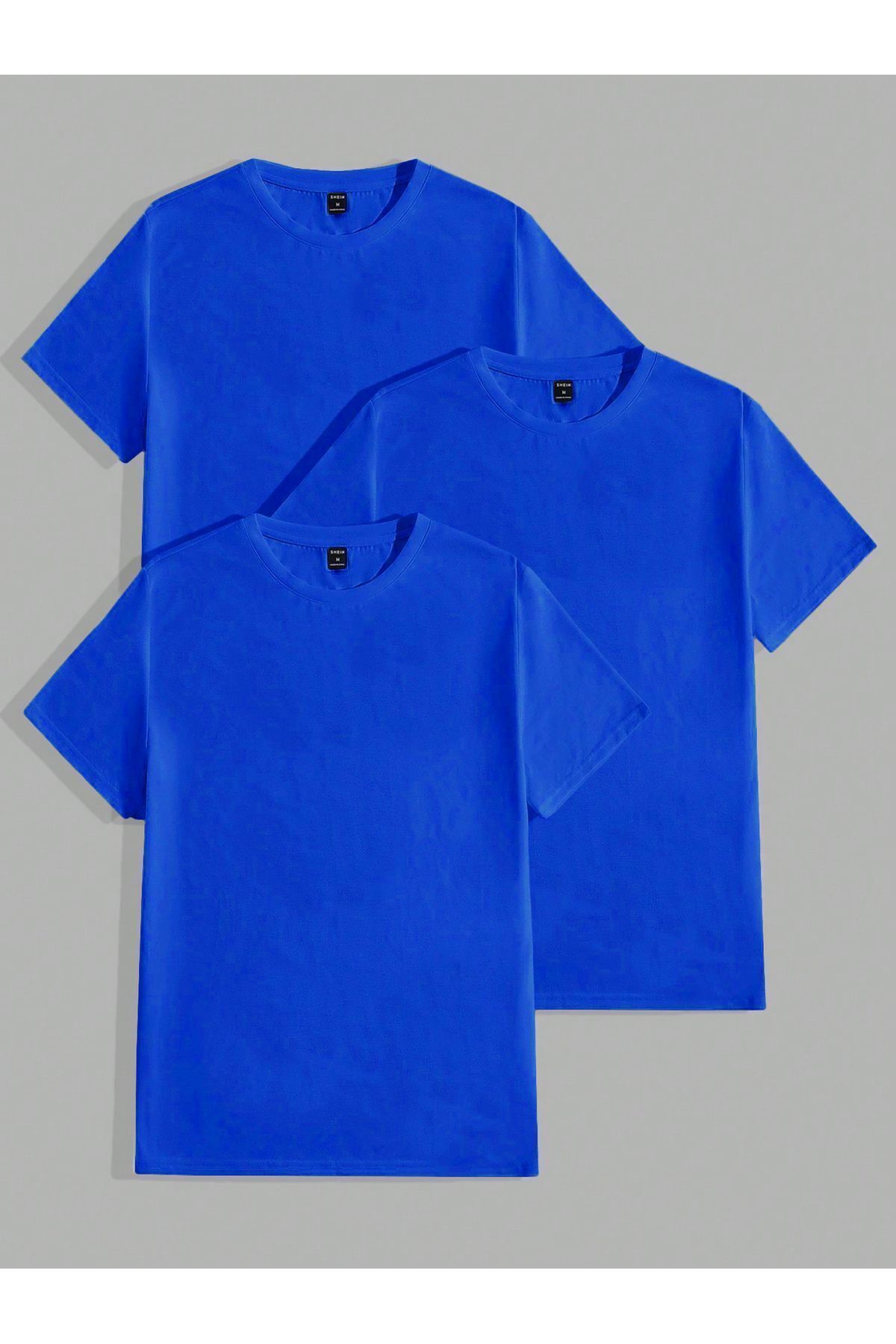 modaberry 3'lü Düz Basic Tişört - Sax Mavi Oversize Baskısız Yazlık T-Shirt Bisiklet Yaka