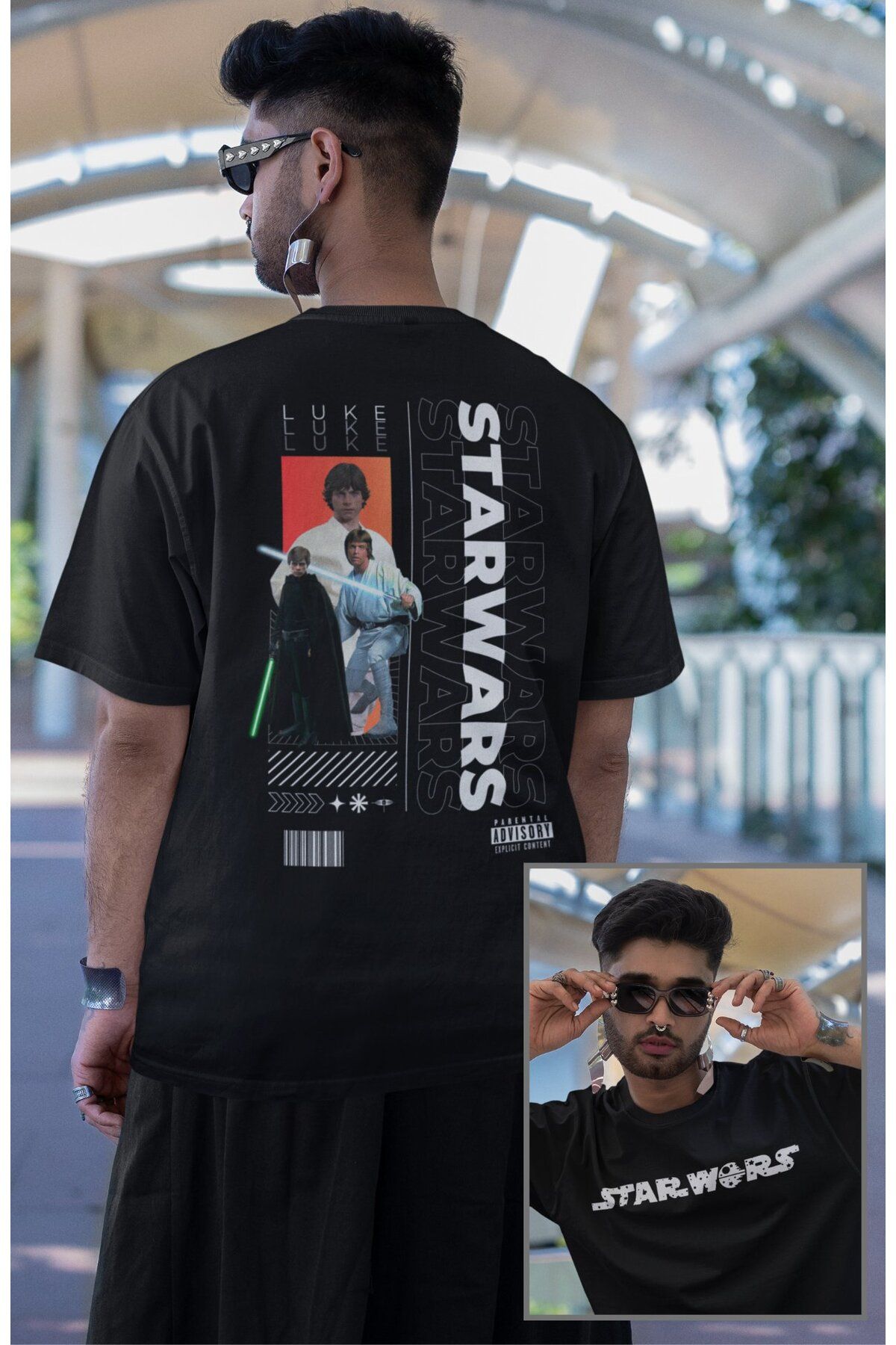 Fuddy Moda Unisex Luke Skywalker Sırt Baskılı Tişört, Oversize Star Wars Yazılı T-shirt