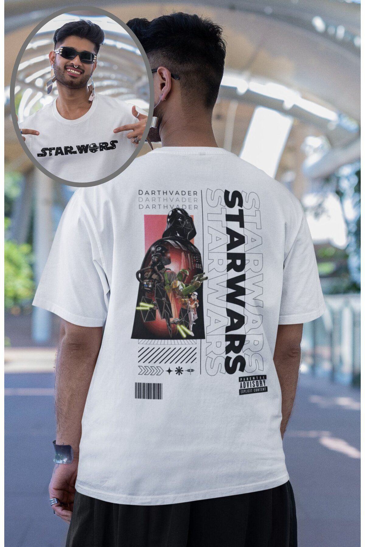 Fuddy Moda Unisex Darthvader Sırt Baskılı Tişört, Oversize Star Wars Yazılı T-shirt
