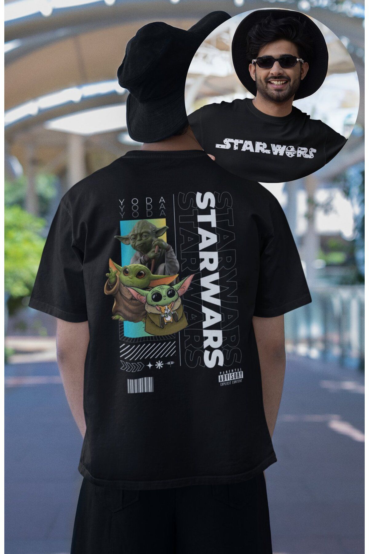 Fuddy Moda Unisex Cute Yoda Sırt Baskılı Tişört, Oversize Star Wars Yazılı T-shirt
