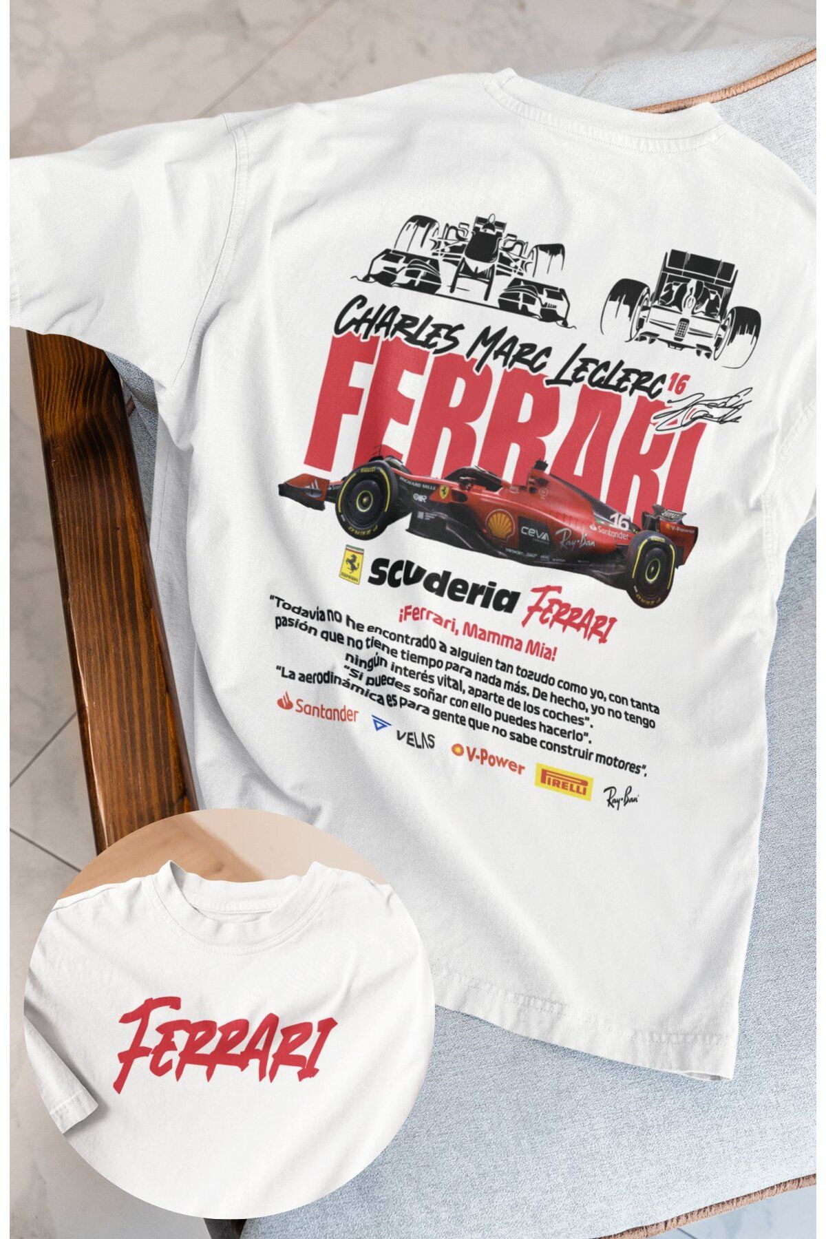 Fuddy Moda Oversize Formula 1 Leclerc 16 Sırt Baskılı Tişört, Unisex F1 Ferari Temalı T-shirt