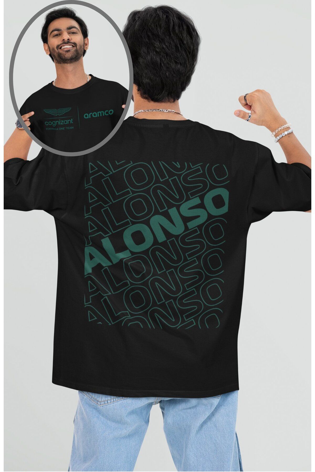 Fuddy Moda Oversize Aramco Formula One Team Sırt Baskılı Tişört, Unisex F1 Alonsoo Temalı T-shirt