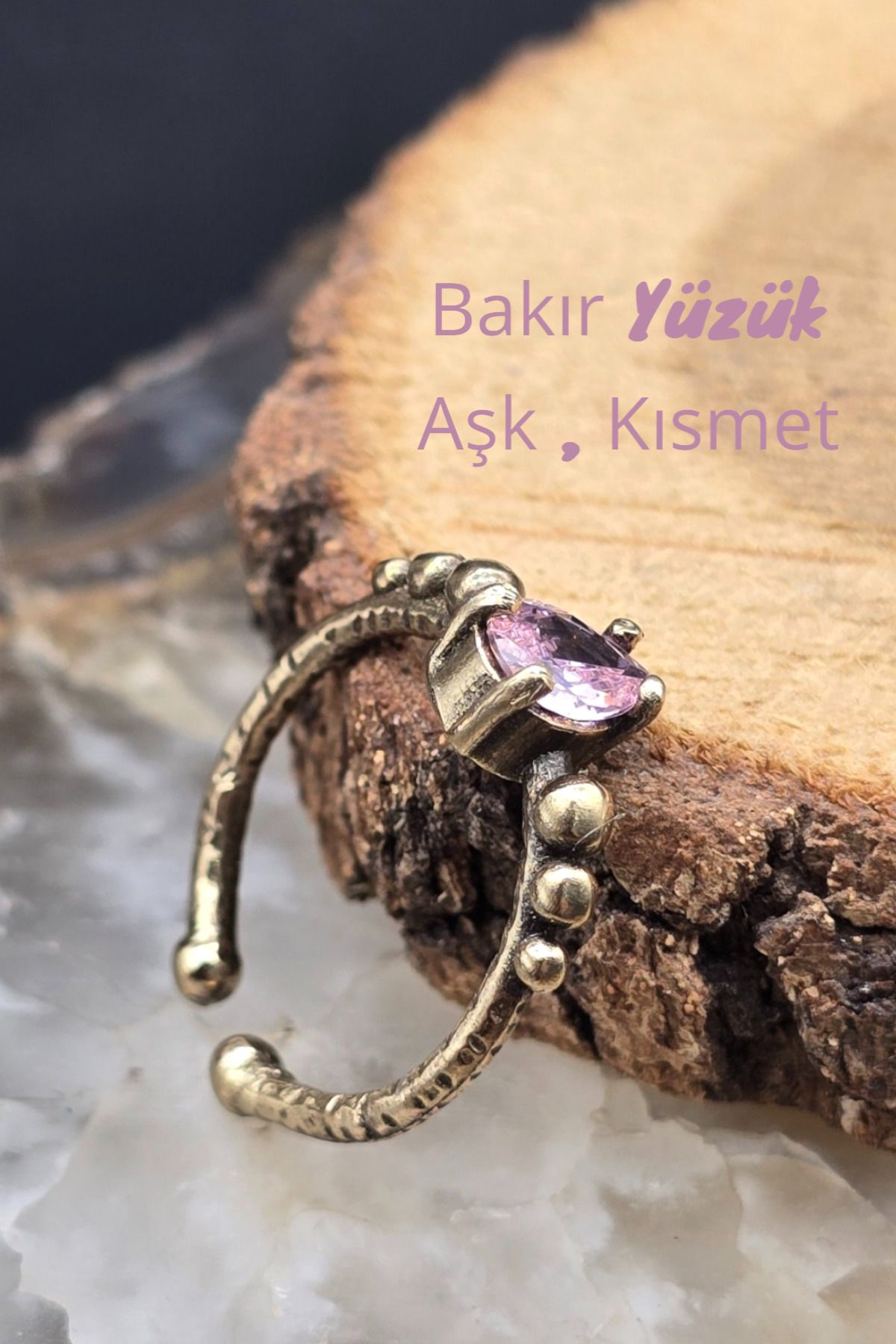 NBS Beautiful Naturel Stones Bakır Yüzük Pembe Kristal Ayarlanabilir Zarif Küçük Antik Trend ( Hediyelik , Günlük , Özel Gün )