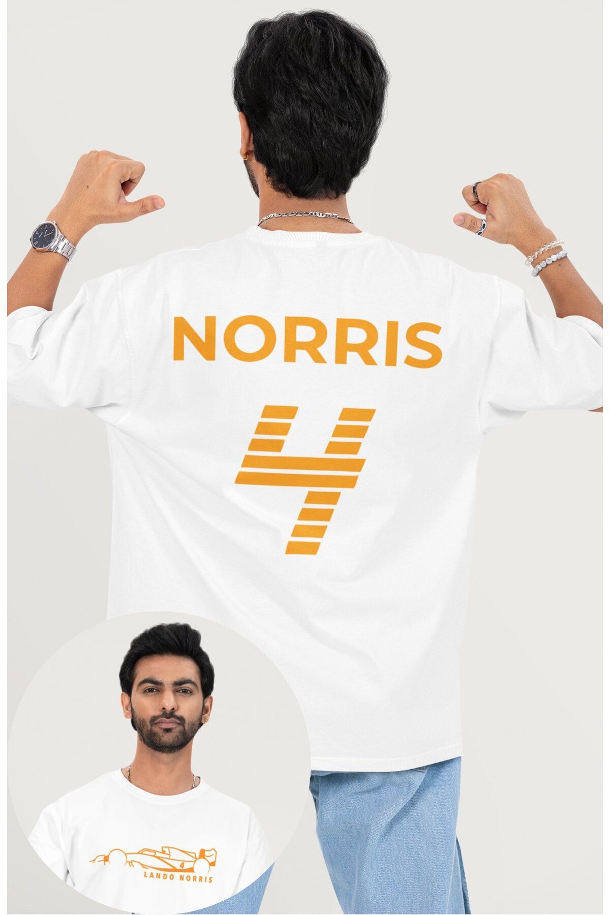 Fuddy Moda Oversize Lando Norris 4 F1 Sırt Baskılı Tişört, Unisex Formula 1 Temalı T-shirt