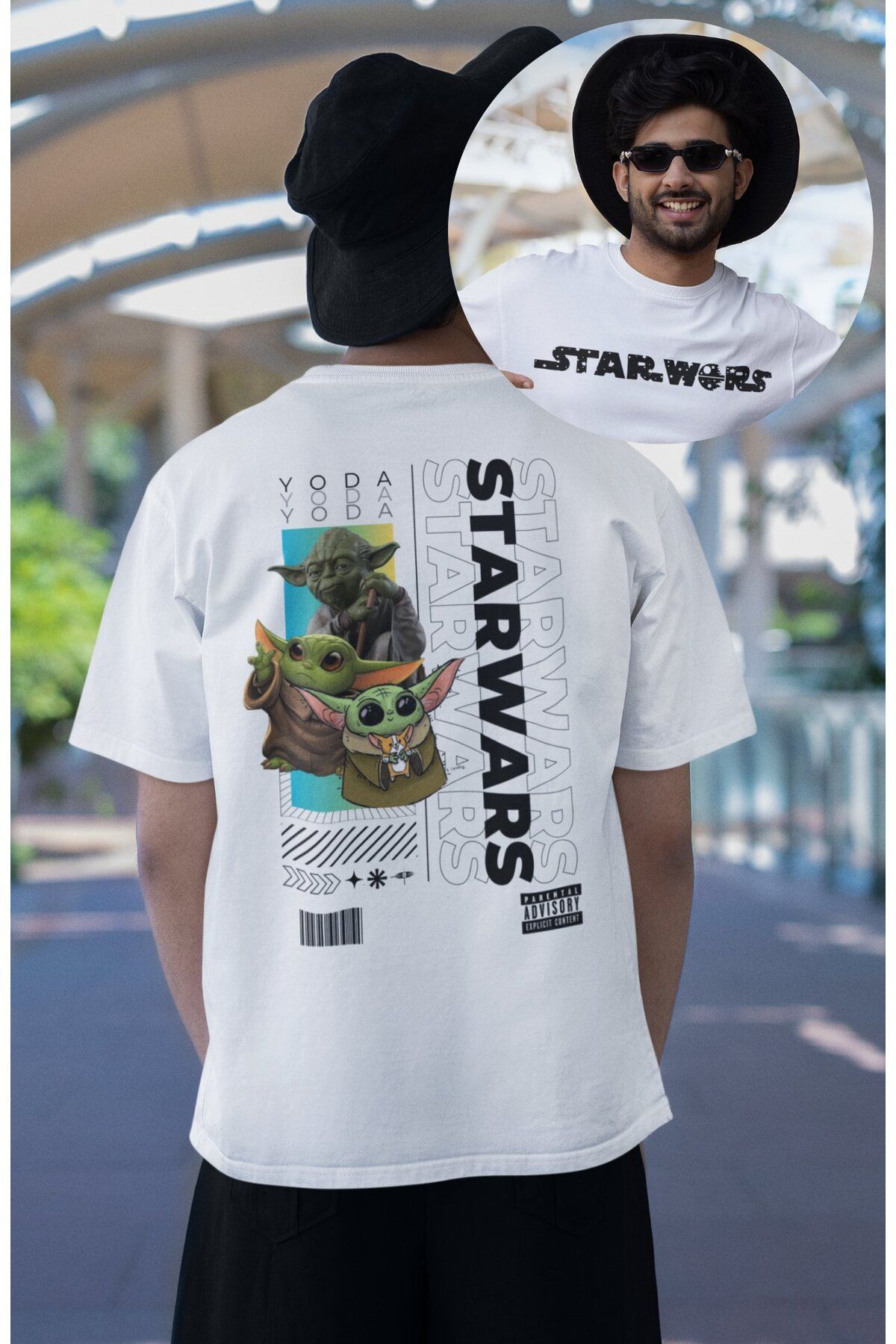 Fuddy Moda Unisex Cute Yoda Sırt Baskılı Tişört, Oversize Star Wars Yazılı T-shirt