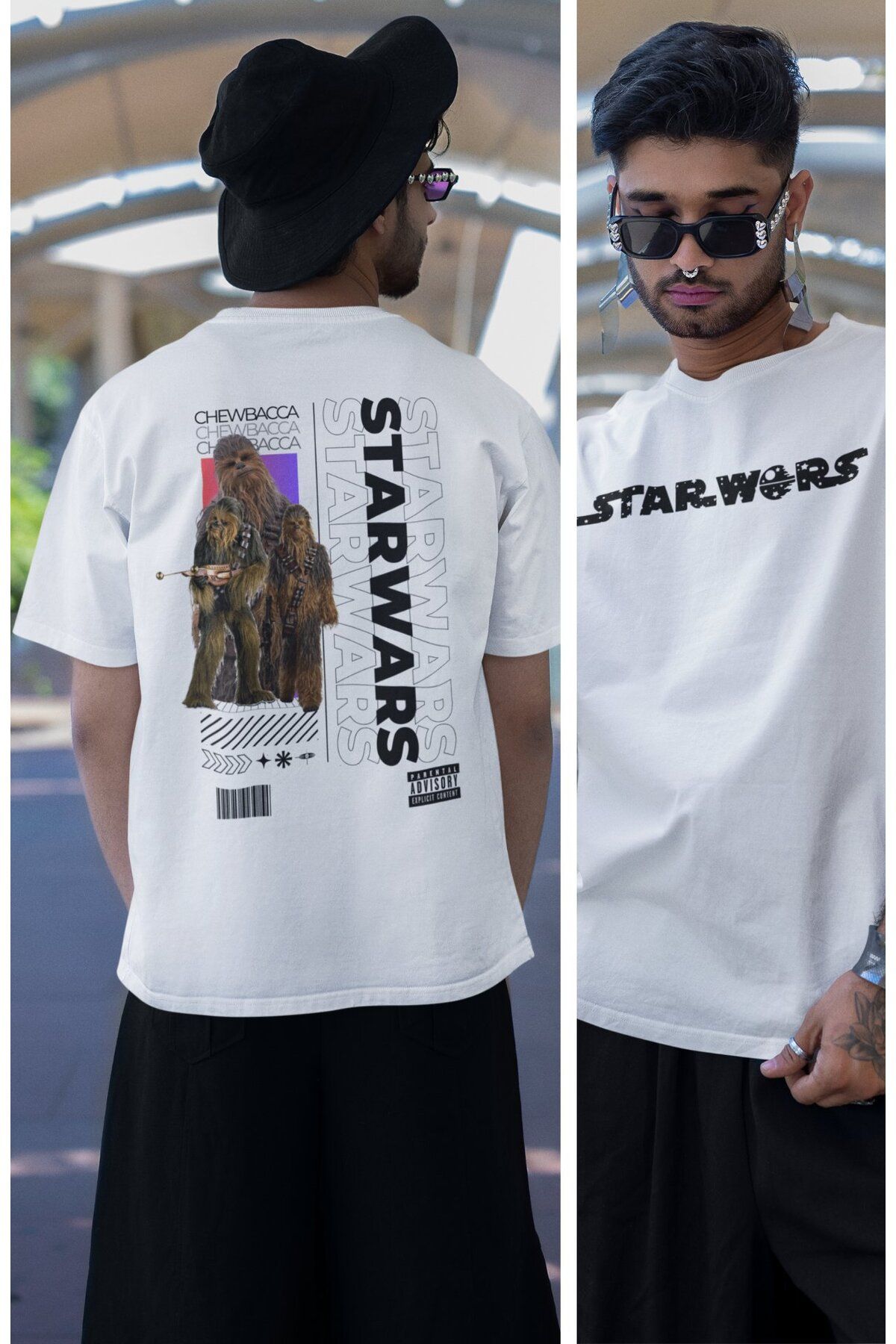 Fuddy Moda Unisex Chewbacca Sırt Baskılı Tişört, Oversize Star Wars Temalı T-shirt