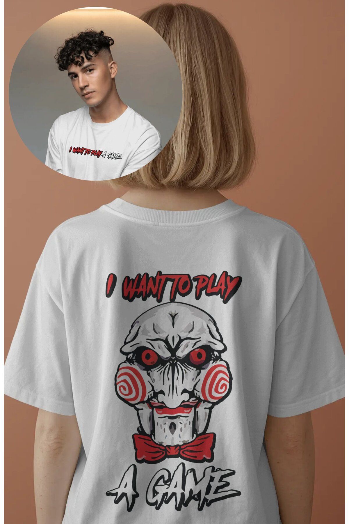 Fuddy Moda Unisex I Want To Play A Game Sırt Yazılı Tişört, Oversize Korku Filmi Testere Baskılı T-shirt