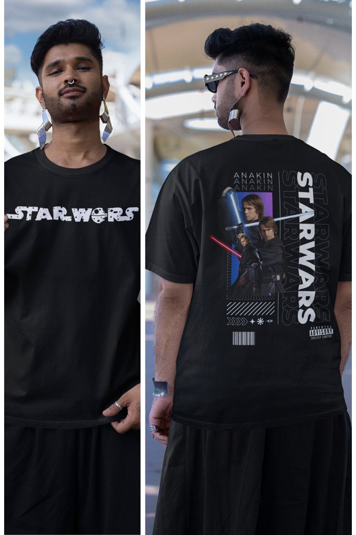 Fuddy Moda Unisex Anakin Sırt Baskılı Tişört, Oversize Star Wars Yazılı T-shirt