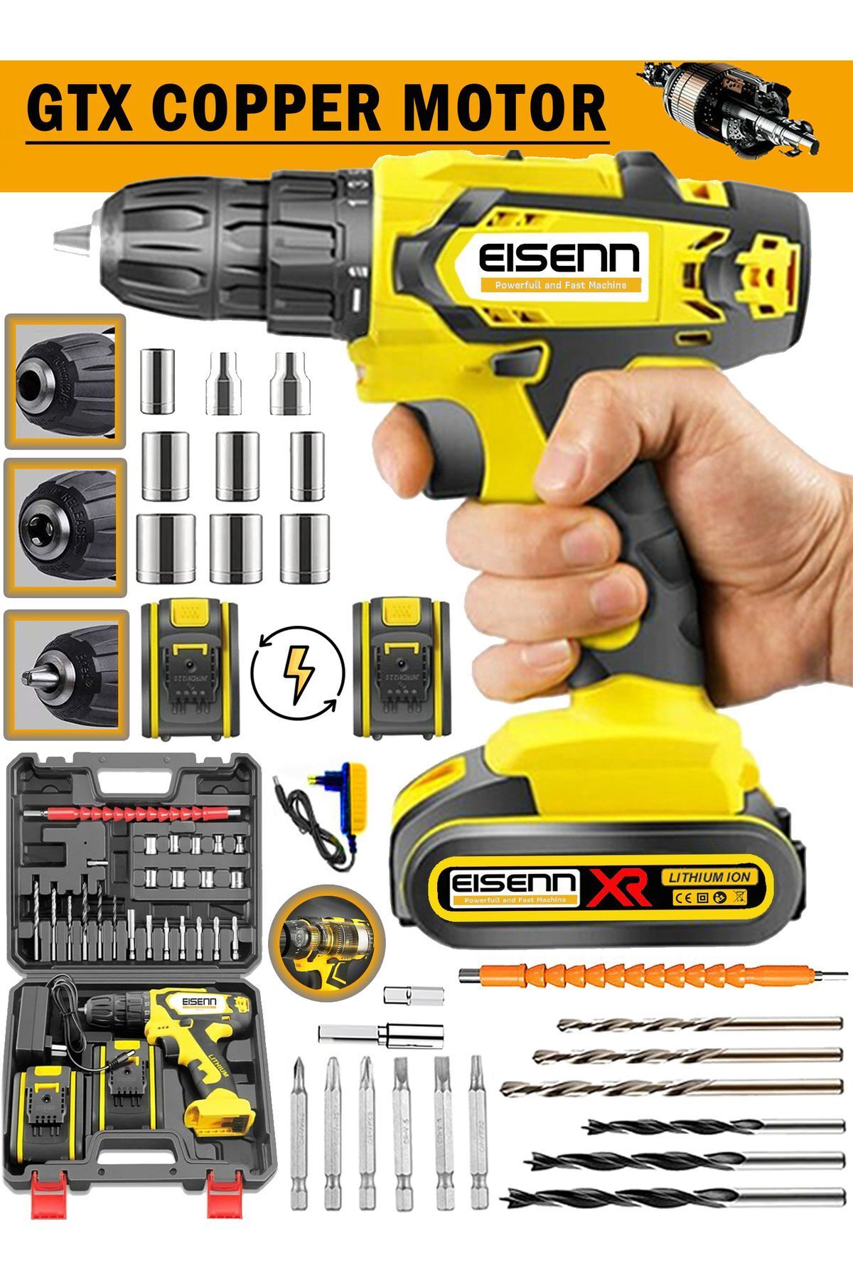 Eisenn Germany Teknoloji Yeni Seri Yellow E-6814 Çift Akülü Seri Vidalama Matkap Usta Yardımcı Set