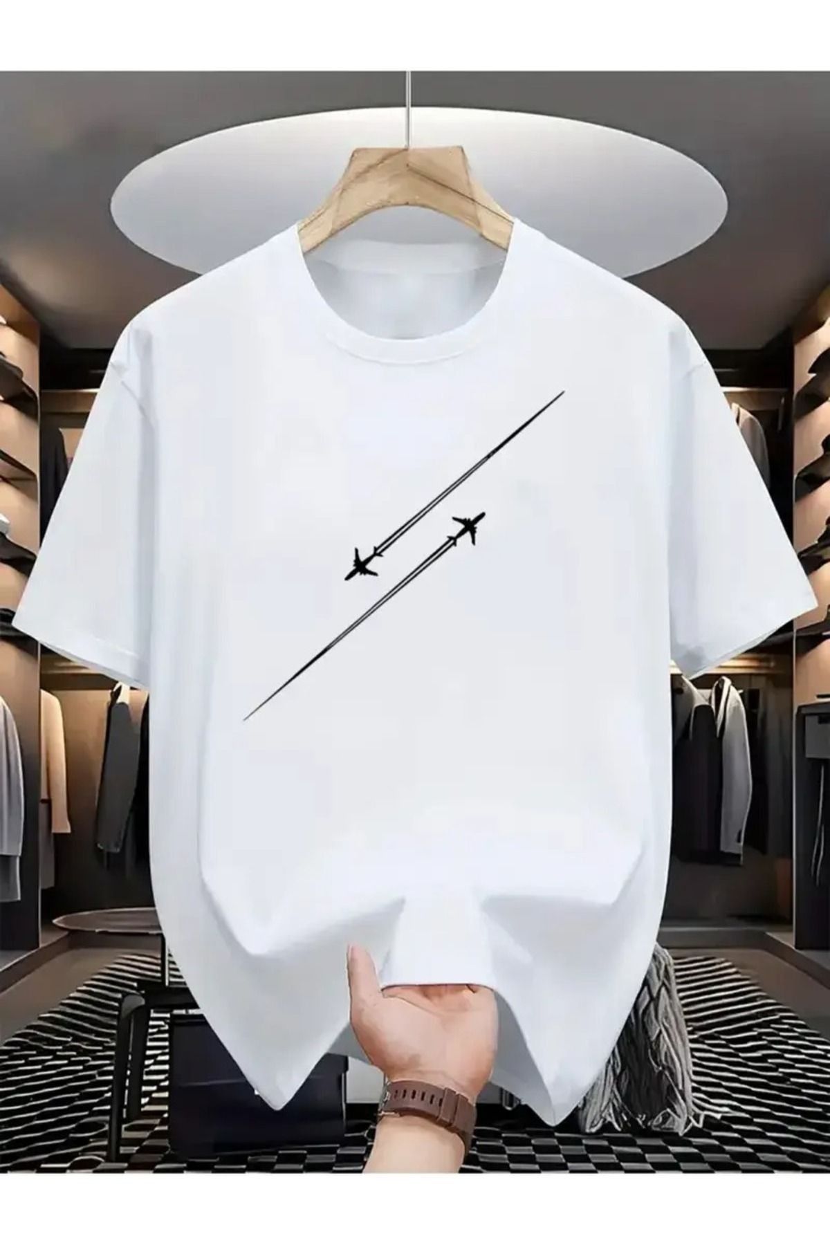 PALPİTO Unısex Beyaz Çizgi Uçak Baskılı Oversize T-Shirt