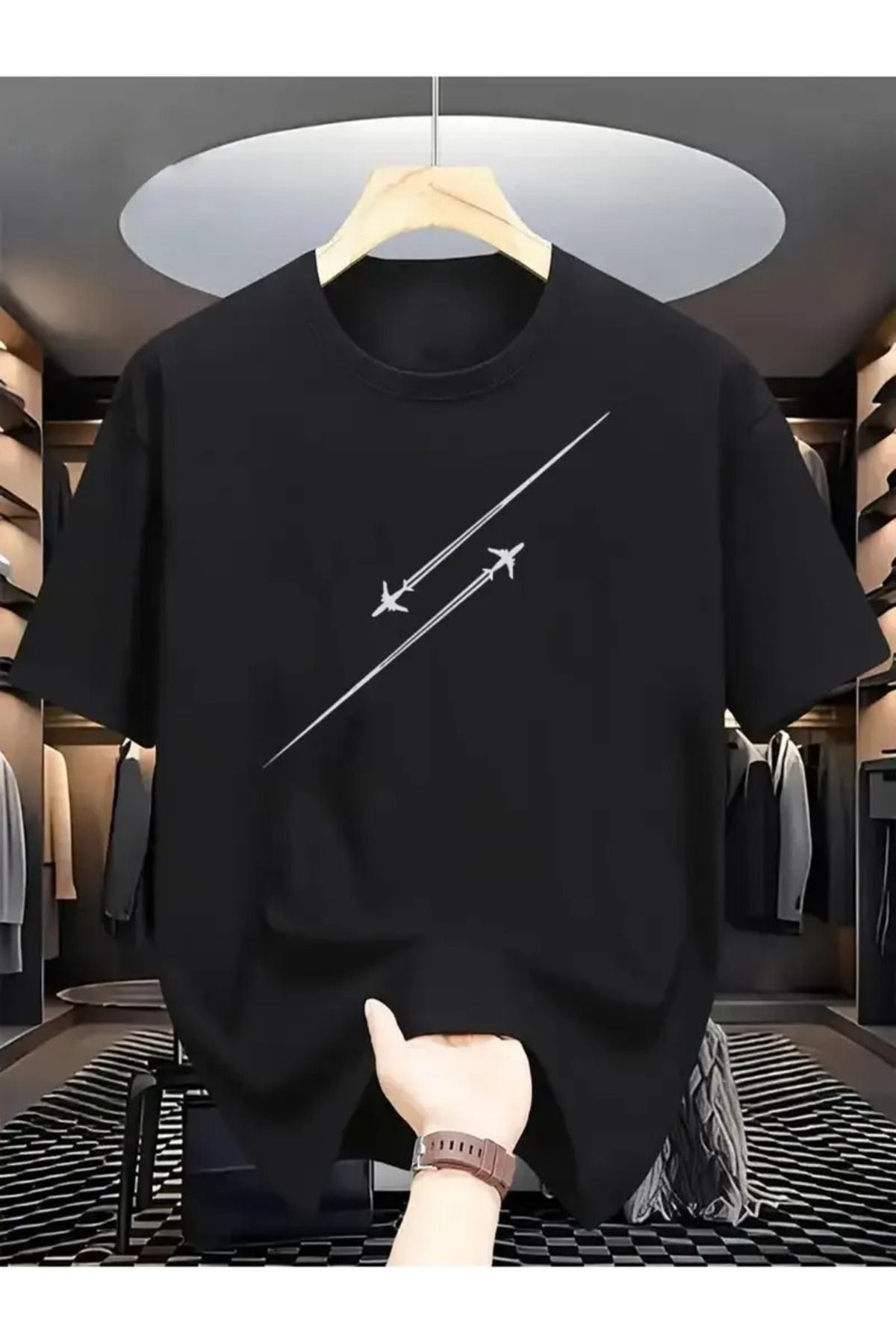 PALPİTO Unısex Siyah Çizgi Uçak Baskılı Oversize T-Shirt