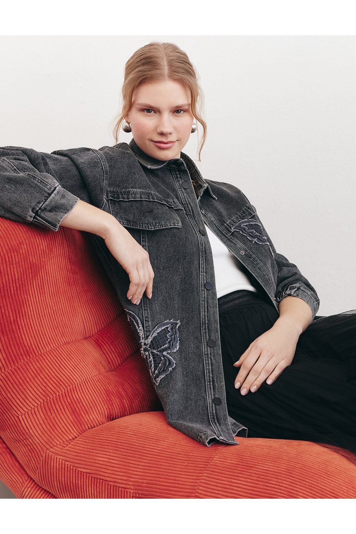 KYR Kelebek Aplikeli Denim Ceket Siyah