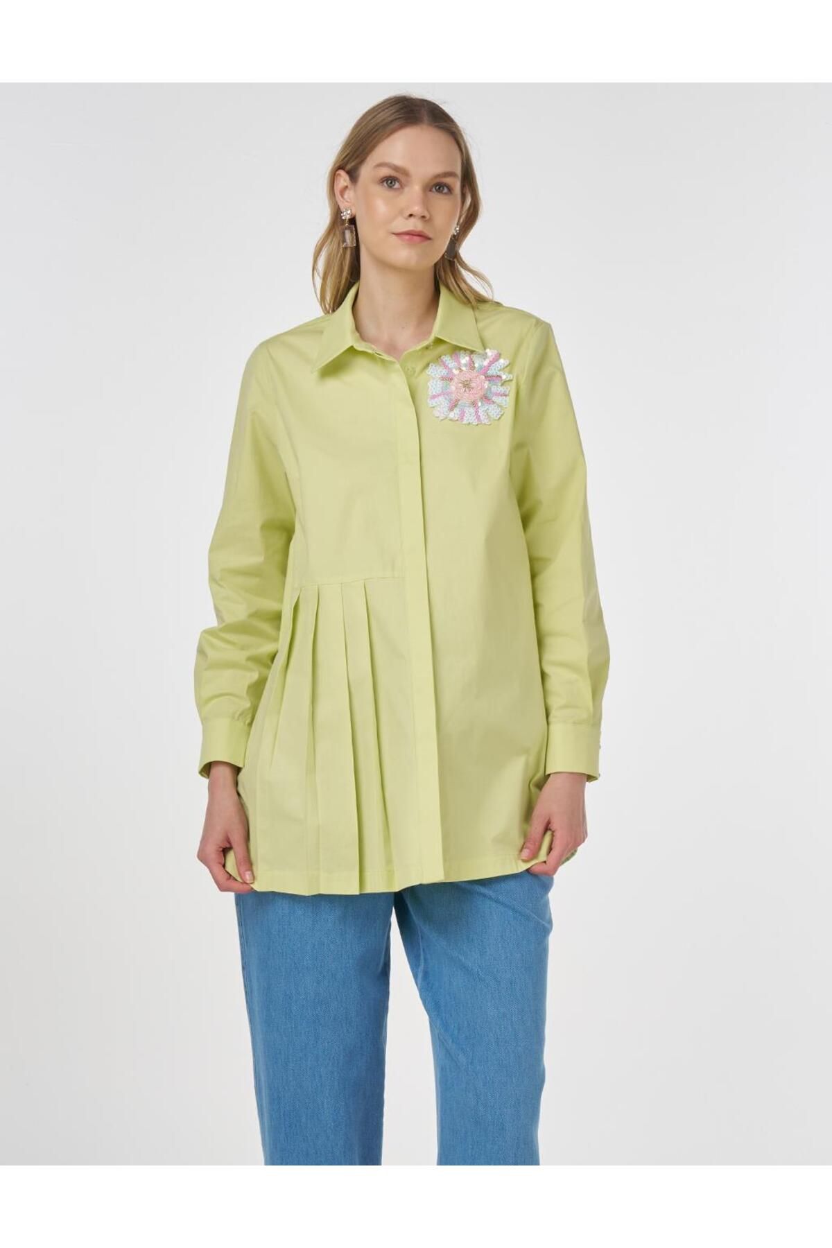 Kayra Pul Payet İşlemeli Poplin Tunik Lime