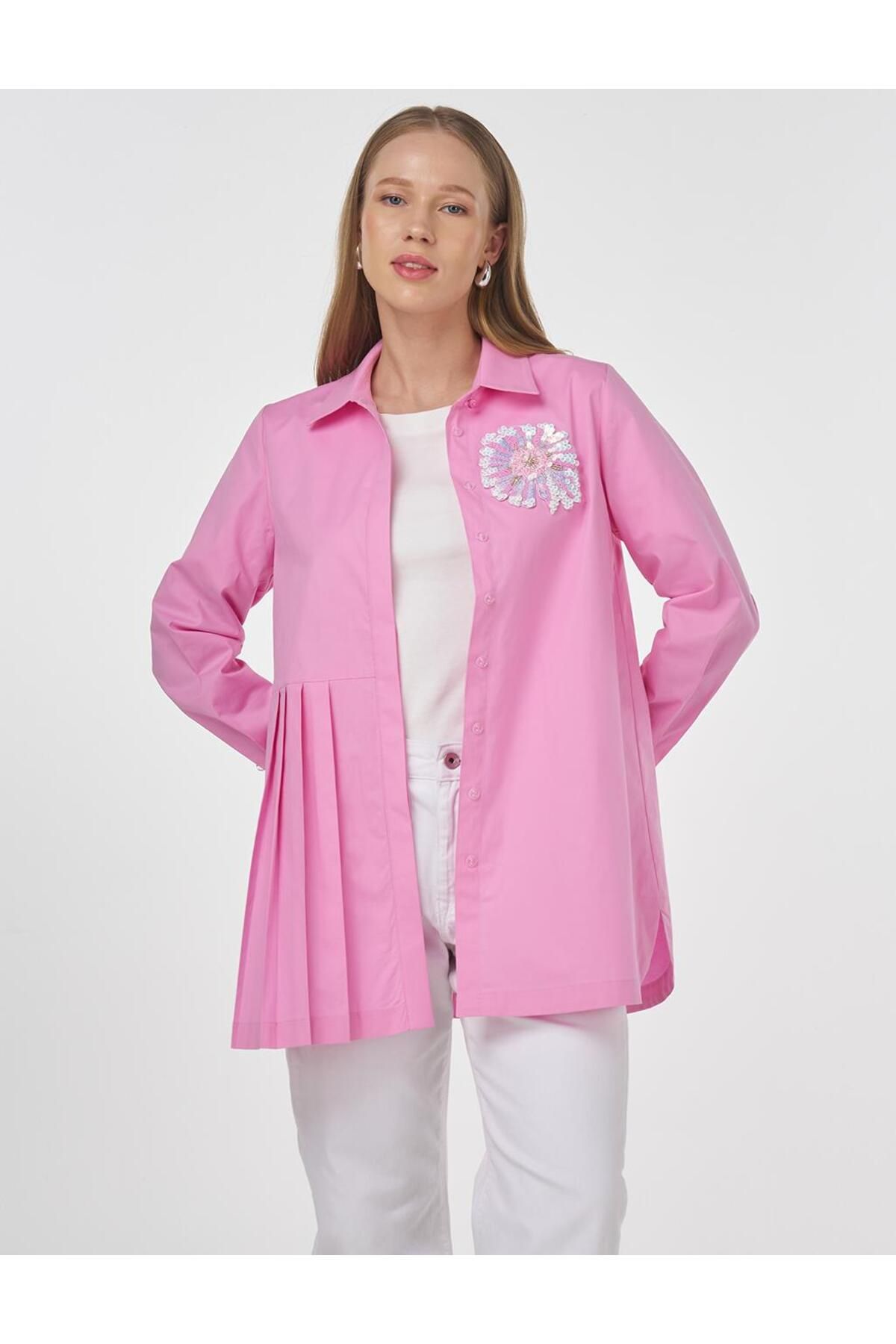 Kayra Pul Payet İşlemeli Poplin Tunik Şeker Pembe